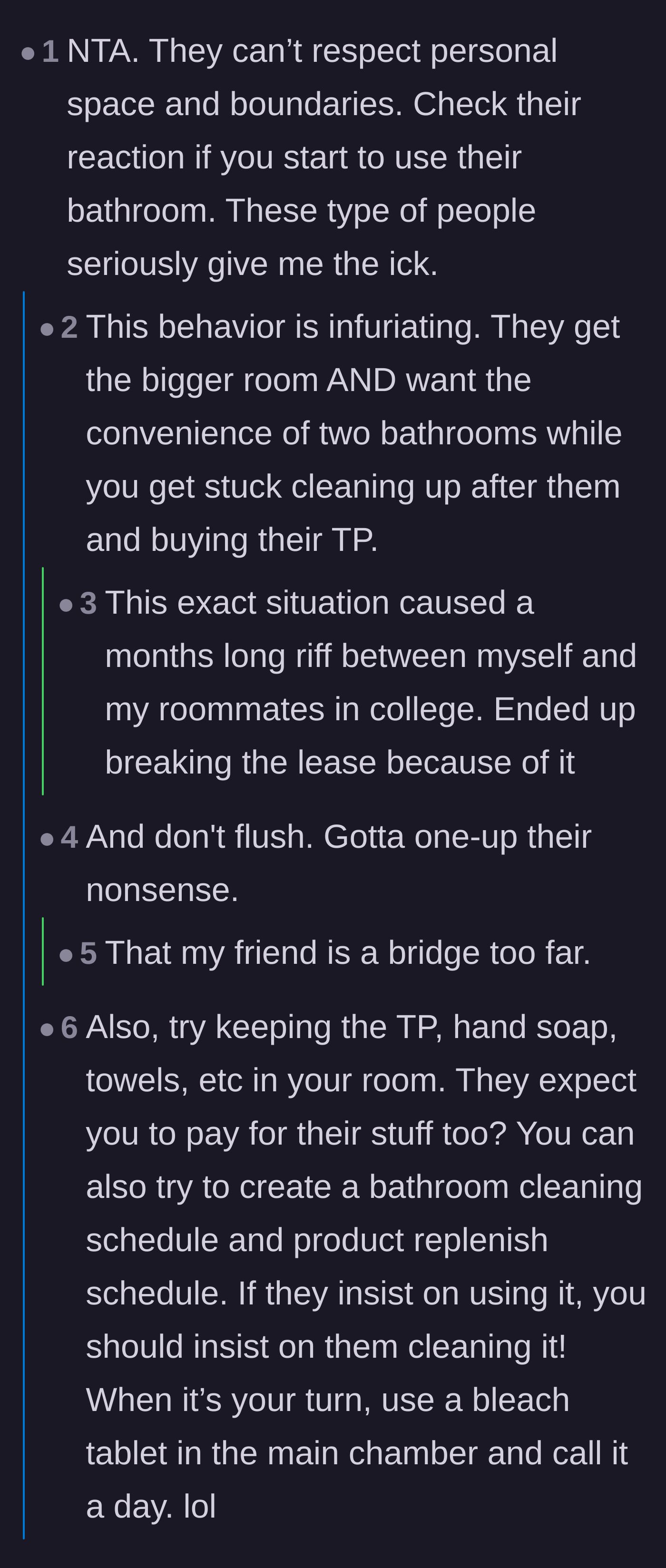 Comment thread 1 - Advice on hiding the toilet paper and installing a keypad lock on the bathroom door.