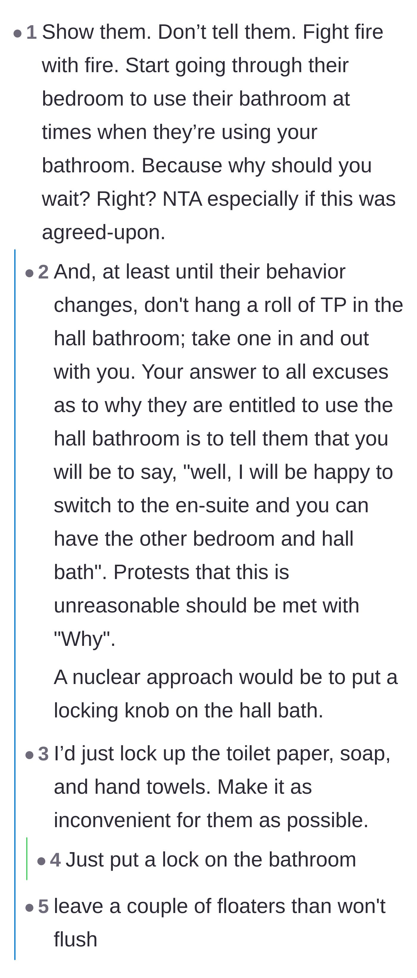 Comment thread 2 - Suggestions to invade the couple's bedroom to use their en-suite bathroom as revenge.