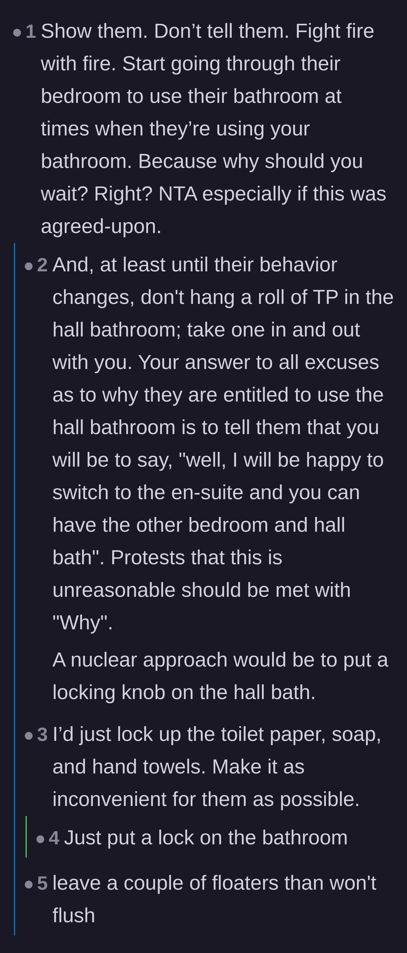 Comment thread 2 - Suggestions to invade the couple's bedroom to use their en-suite bathroom as revenge.