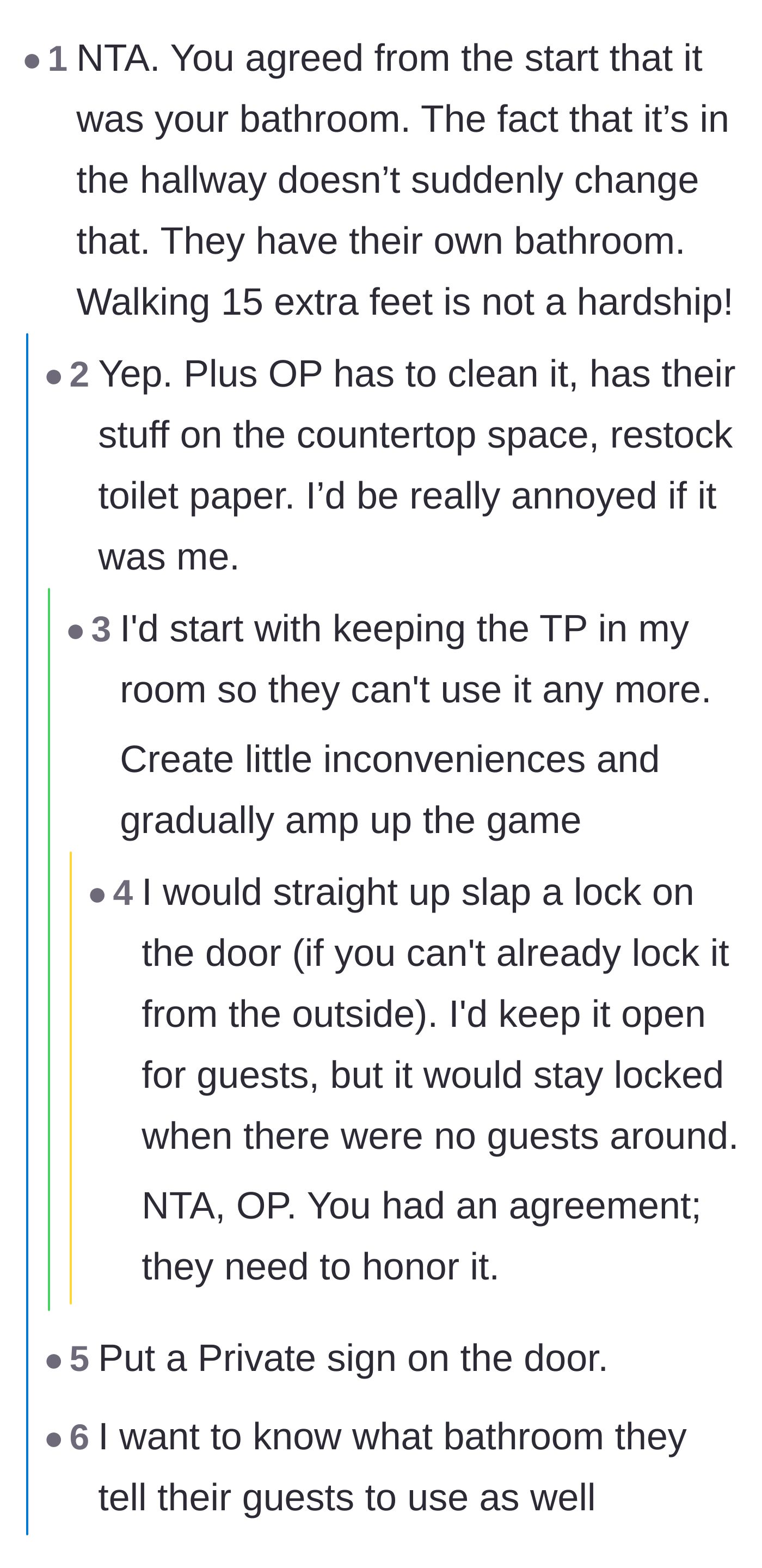 Comment thread 3 - Affirmation that a fifteen-foot walk isn't a hardship and plotting to lock the door.