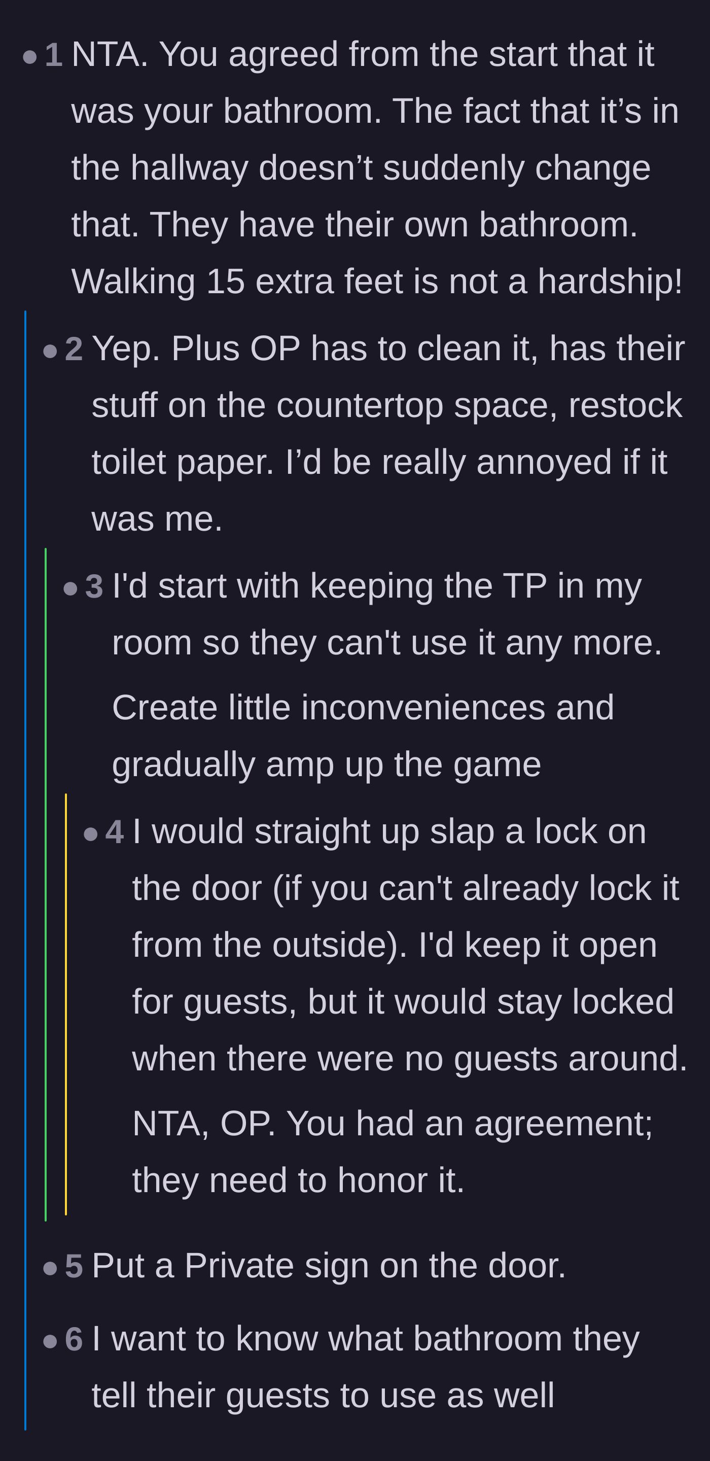 Comment thread 3 - Affirmation that a fifteen-foot walk isn't a hardship and plotting to lock the door.