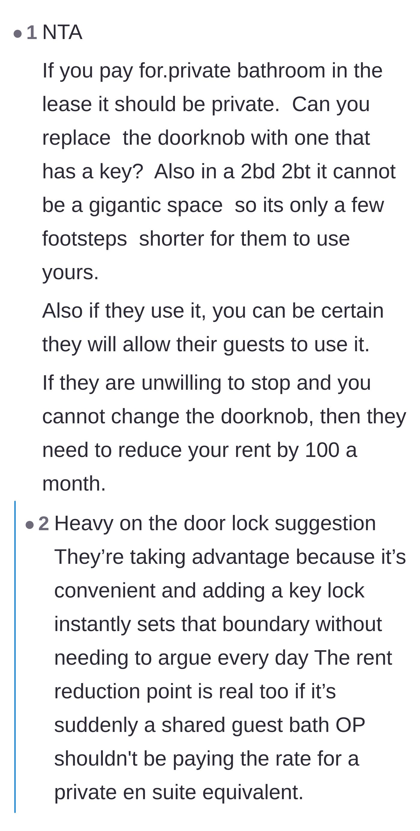 Comment thread 4 - Debating the financial unfairness of the rent split and suggesting combination locks.