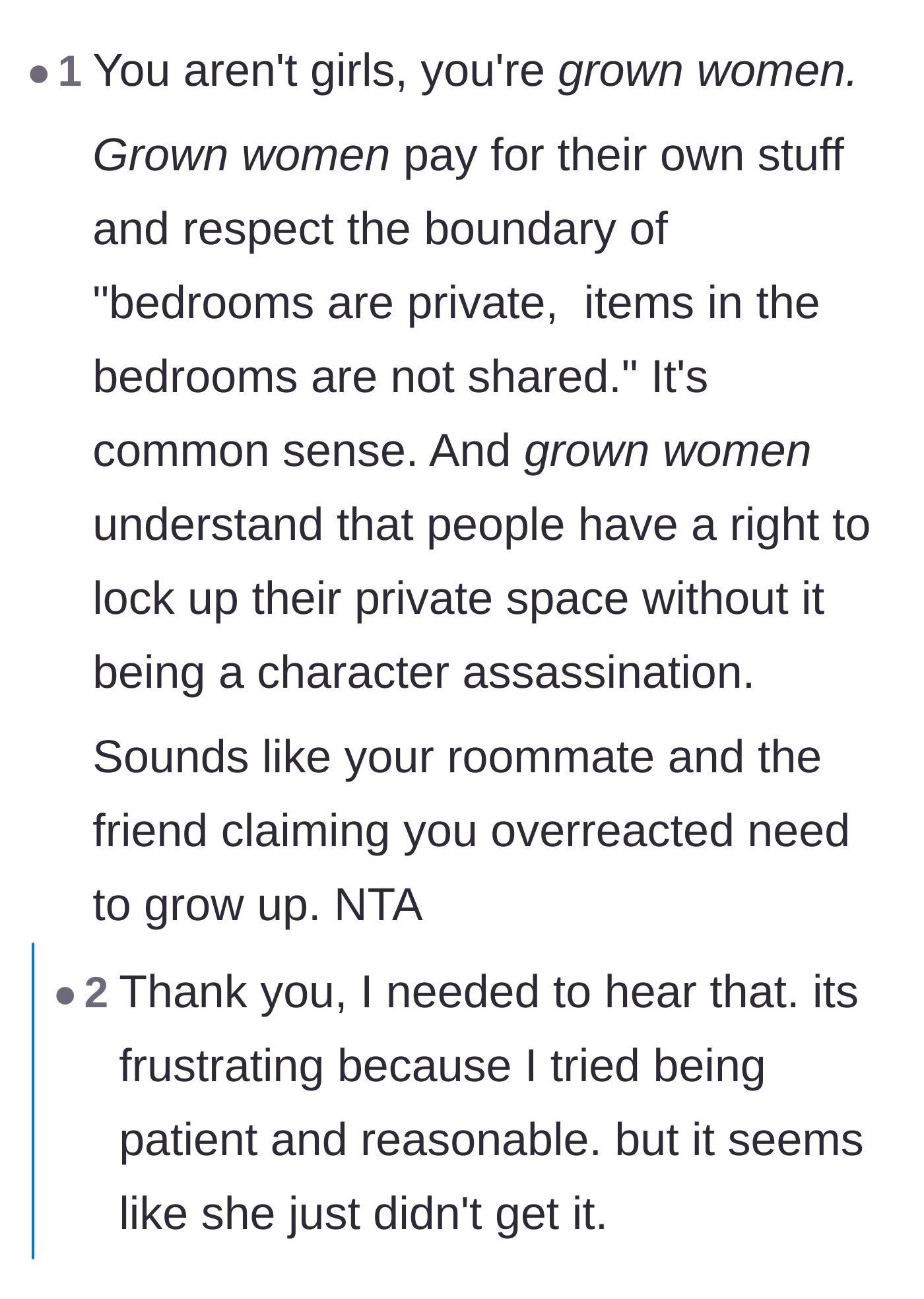 Comment thread 1 - Readers call out the roommate's manipulative behavior and tell the author to stop being polite to a thief.
