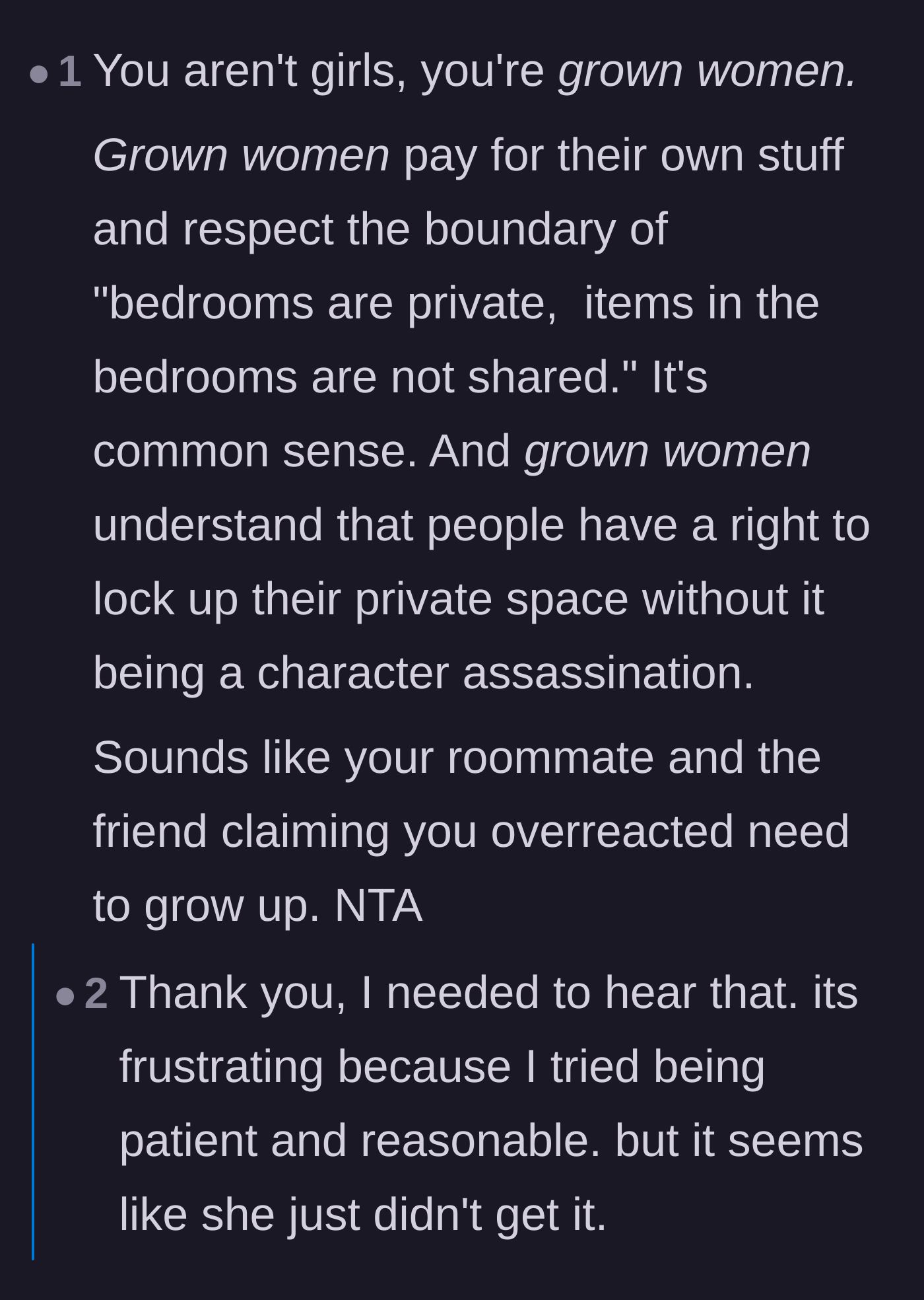 Comment thread 1 - Readers call out the roommate's manipulative behavior and tell the author to stop being polite to a thief.