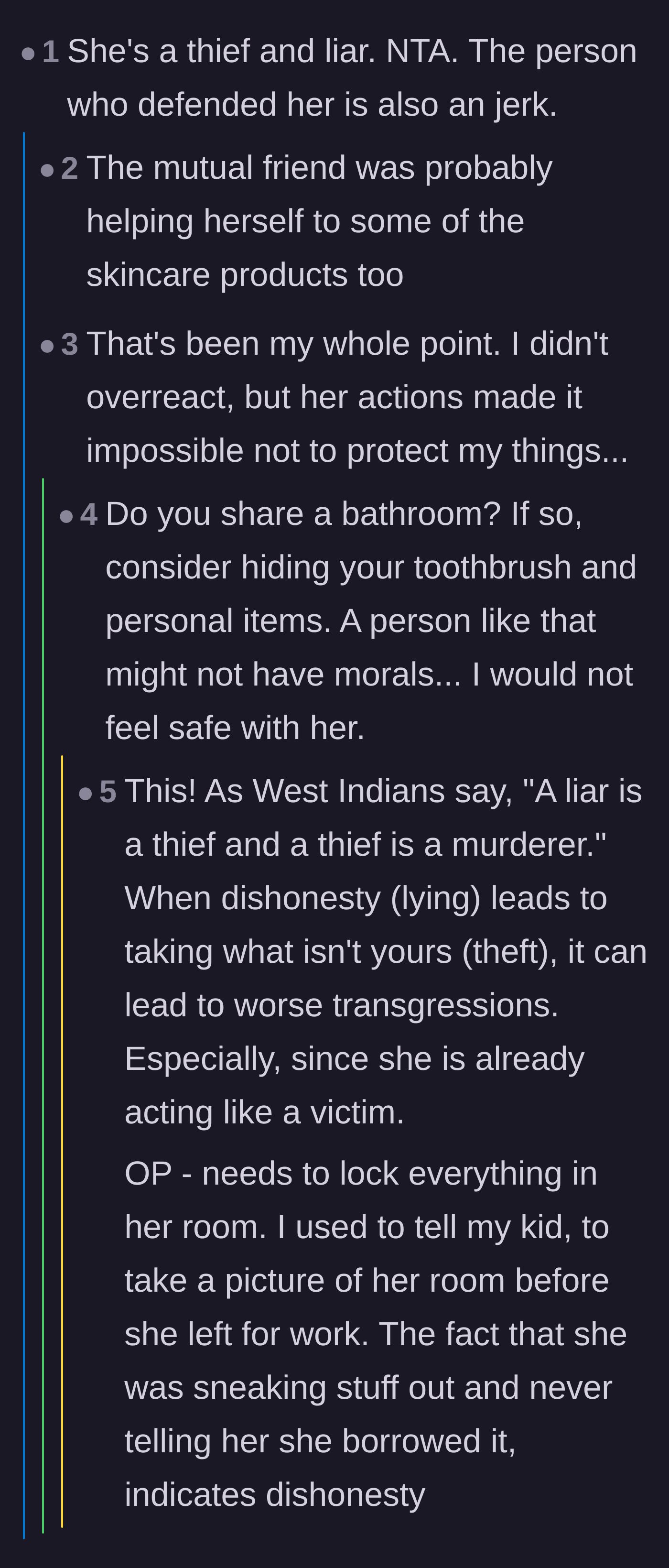 Comment thread 3 - Users warn the author to hide her toothbrush and bathroom items because a liar can't be trusted with anything.