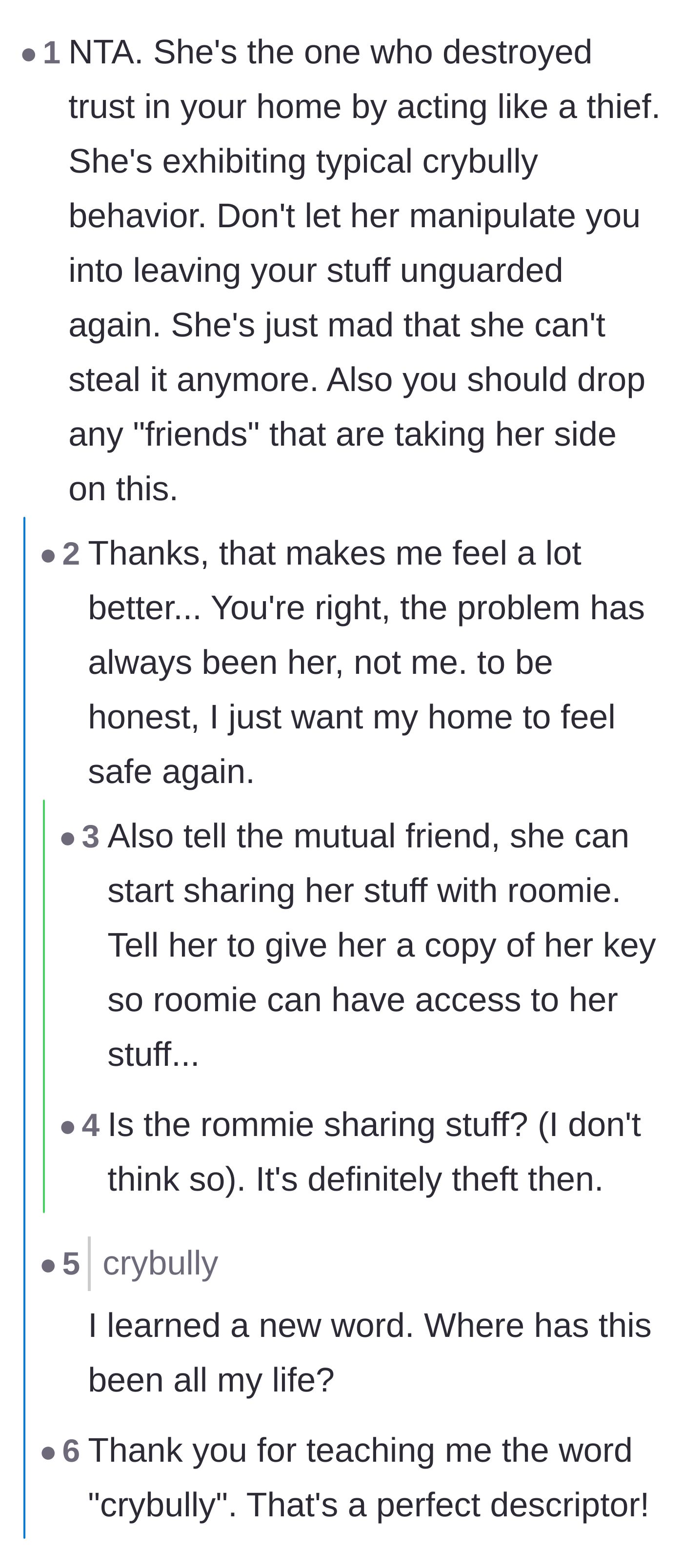 Comment thread 4 - A discussion labeling the roommate as a 'crybully' and suggesting the mutual friend volunteer her own things.