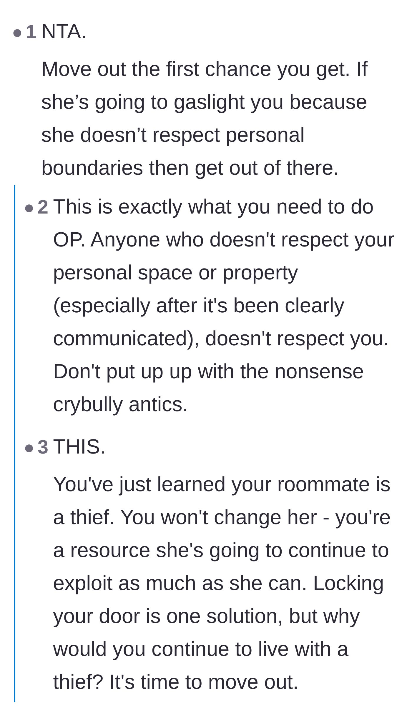 Comment thread 6 - Advice urging the author to move out as soon as possible because a lock doesn't fix living with a thief.
