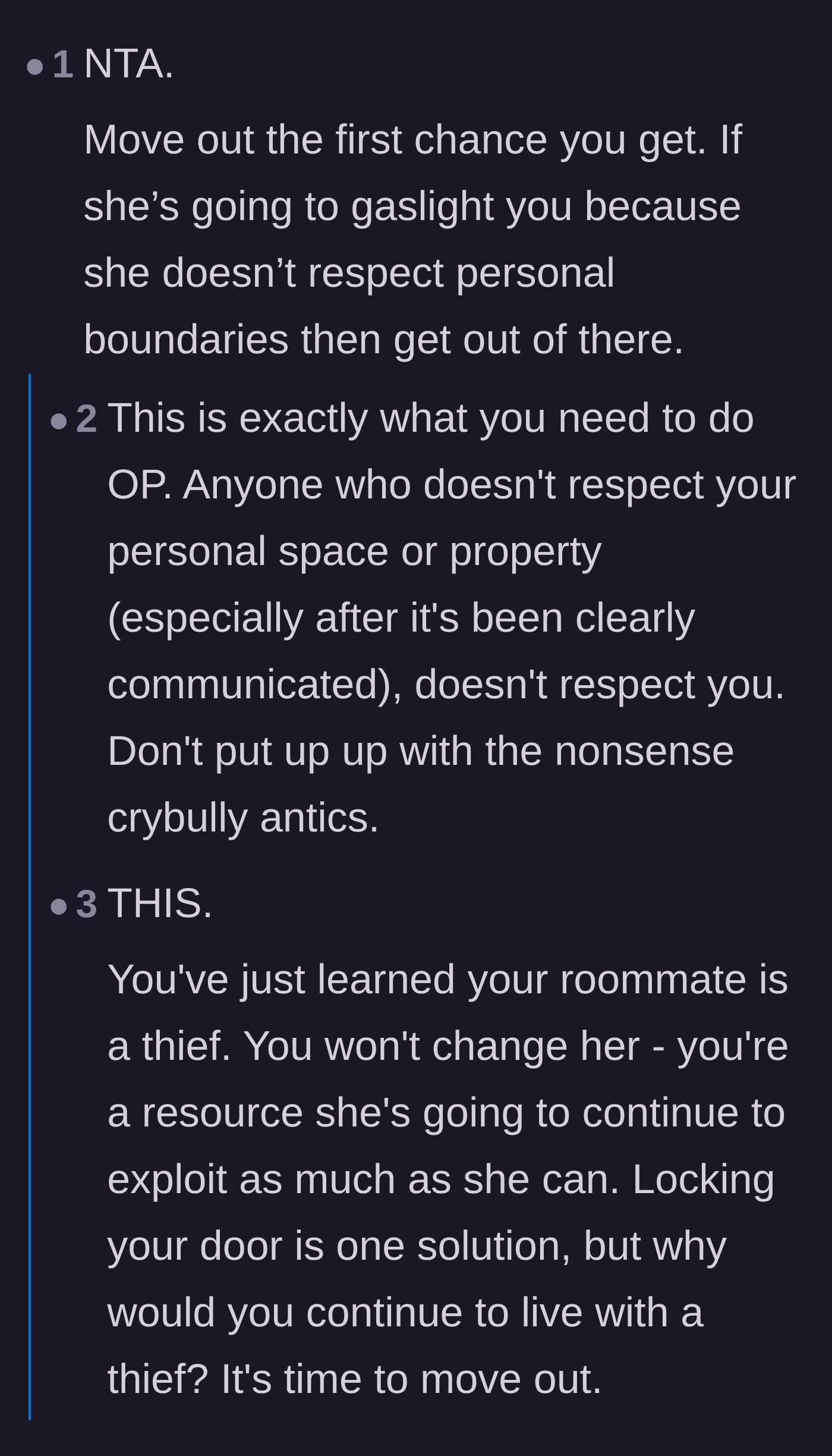 Comment thread 6 - Advice urging the author to move out as soon as possible because a lock doesn't fix living with a thief.