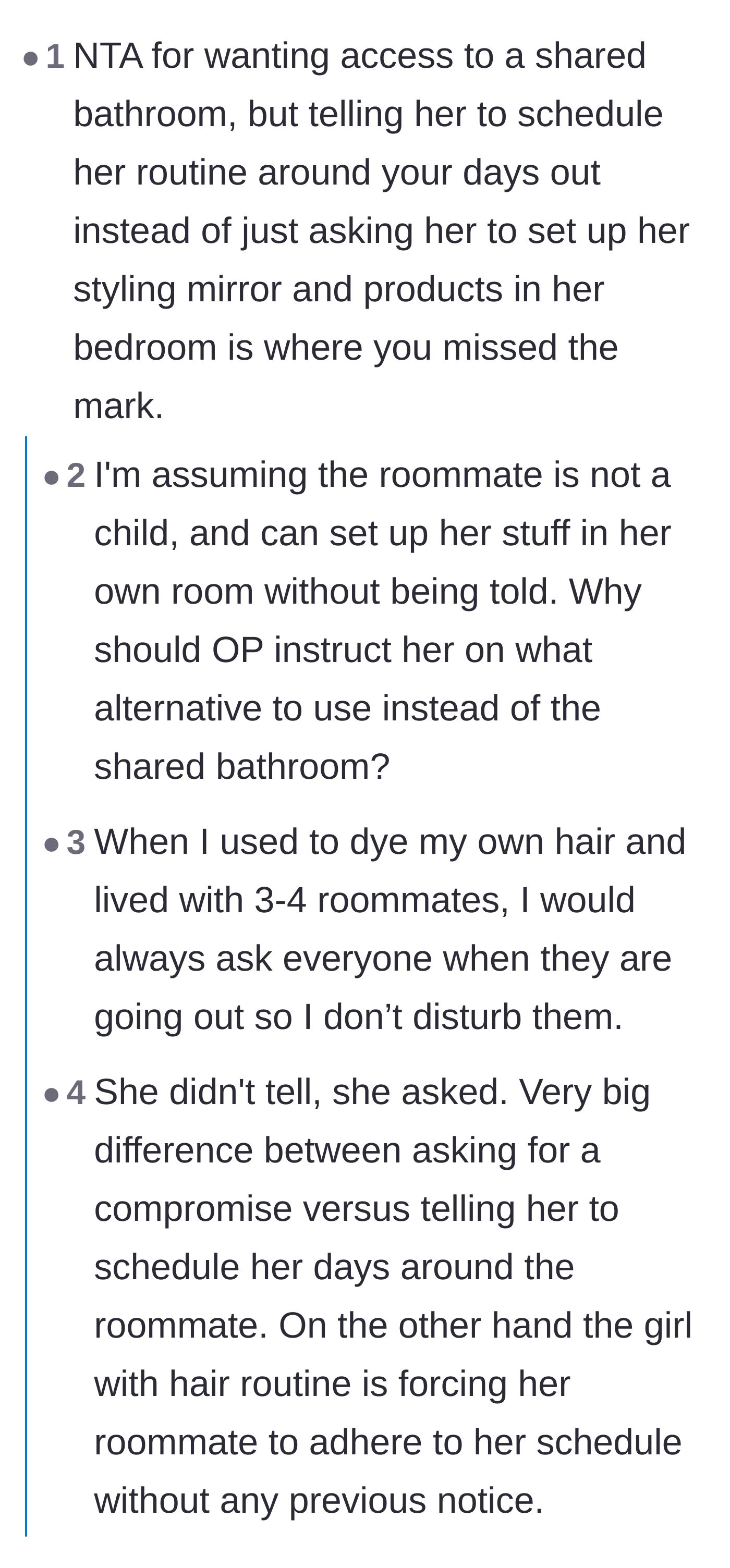 Comment thread 1 - Readers debating whether the roommate should just move her routine to her bedroom or kitchen.