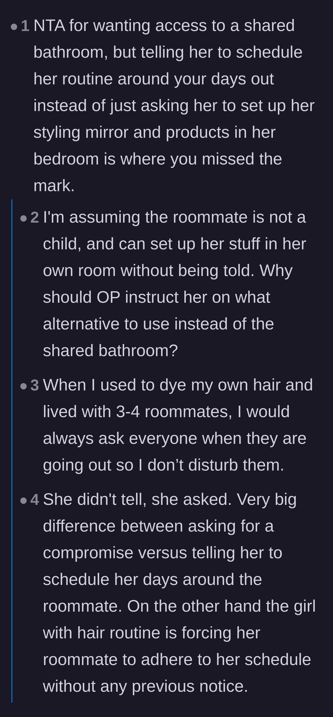 Comment thread 1 - Readers debating whether the roommate should just move her routine to her bedroom or kitchen.