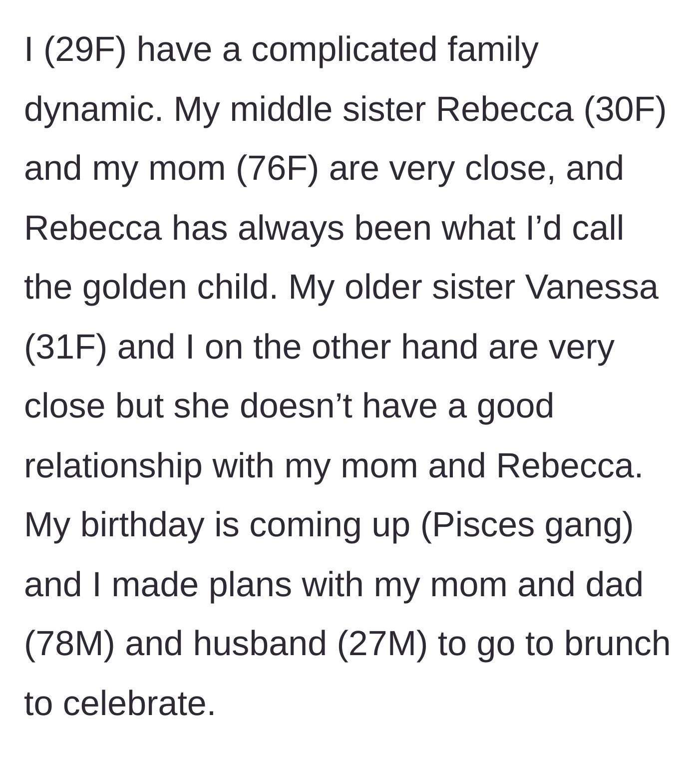 Story part 1 - Setting the scene of a divided family and a birthday brunch plan.