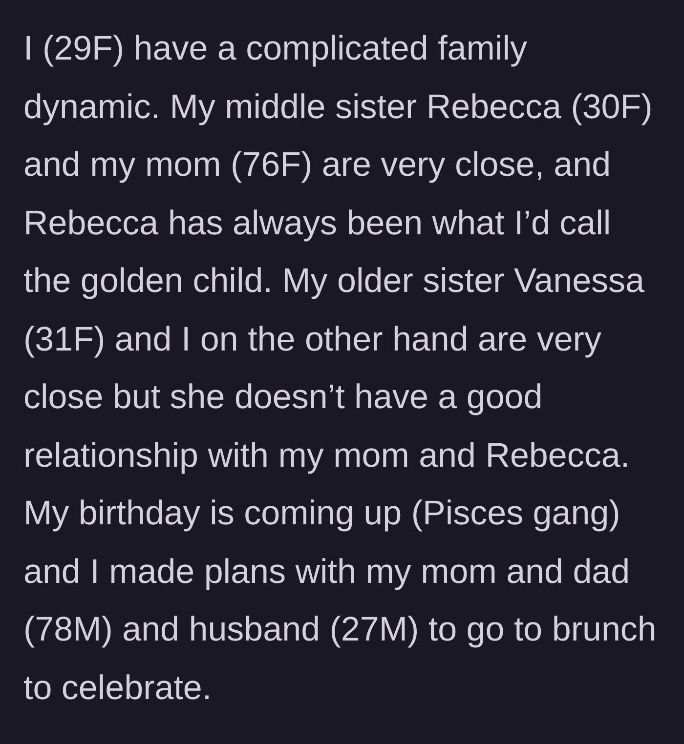 Story part 1 - Setting the scene of a divided family and a birthday brunch plan.