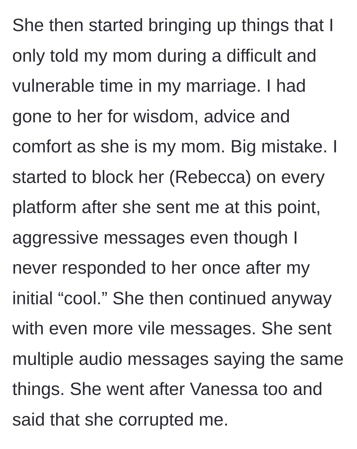 Story part 5 - The sister weaponizes deep marital secrets that the main character only told their mother.