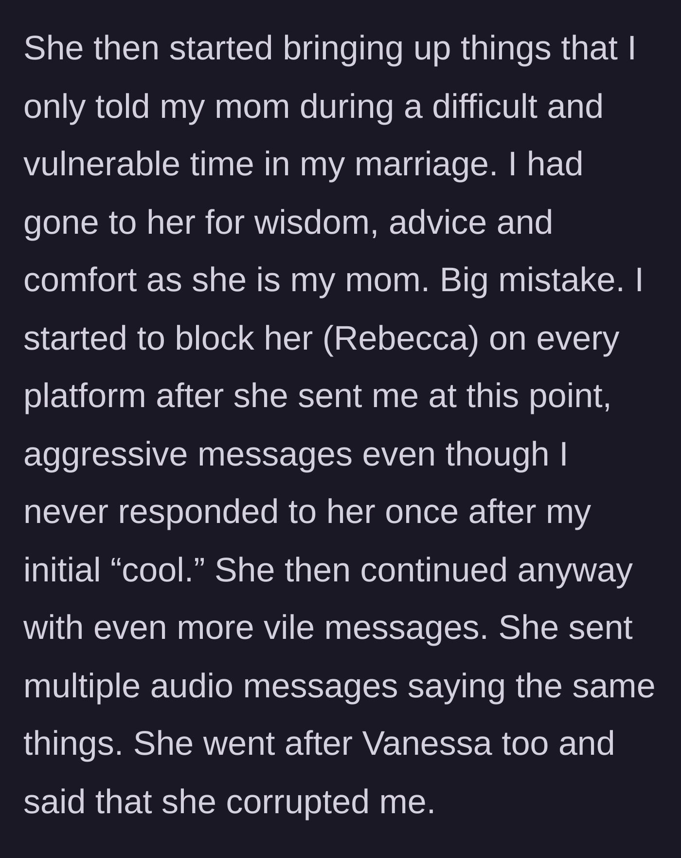 Story part 5 - The sister weaponizes deep marital secrets that the main character only told their mother.
