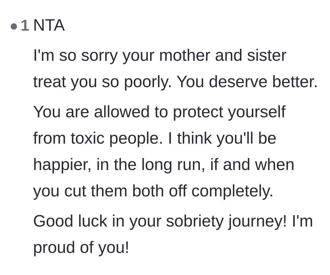 Comment thread 1 - A sweet message of support for the author's sobriety and setting boundaries.