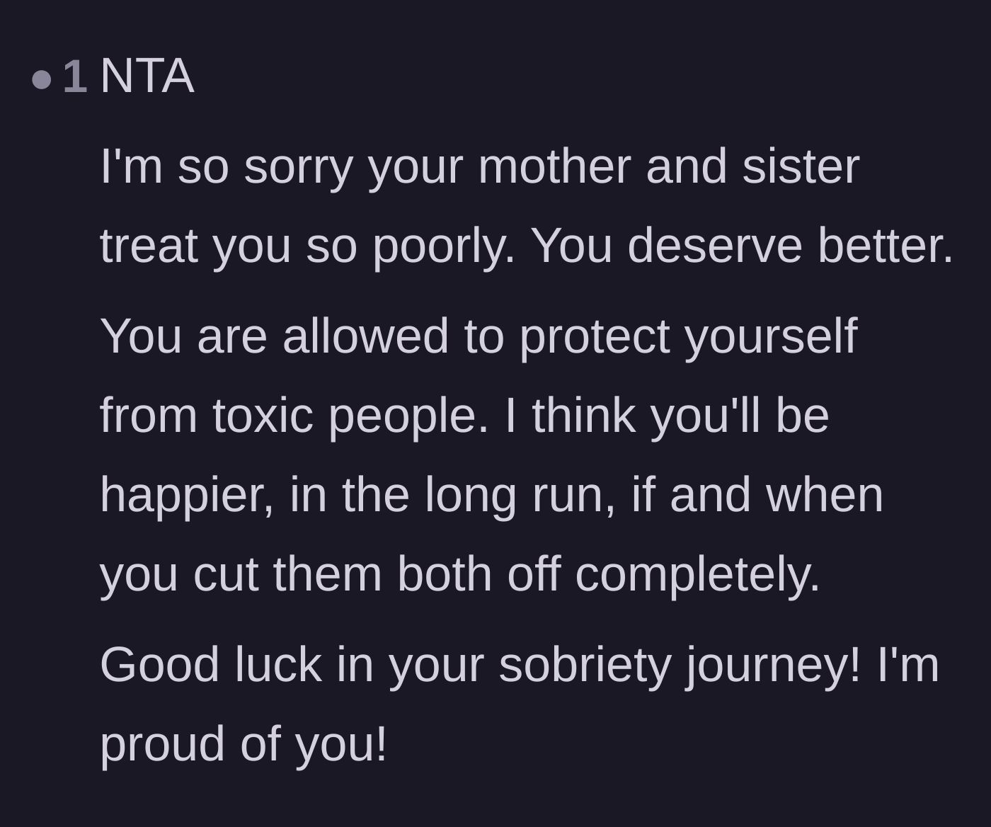 Comment thread 1 - A sweet message of support for the author's sobriety and setting boundaries.