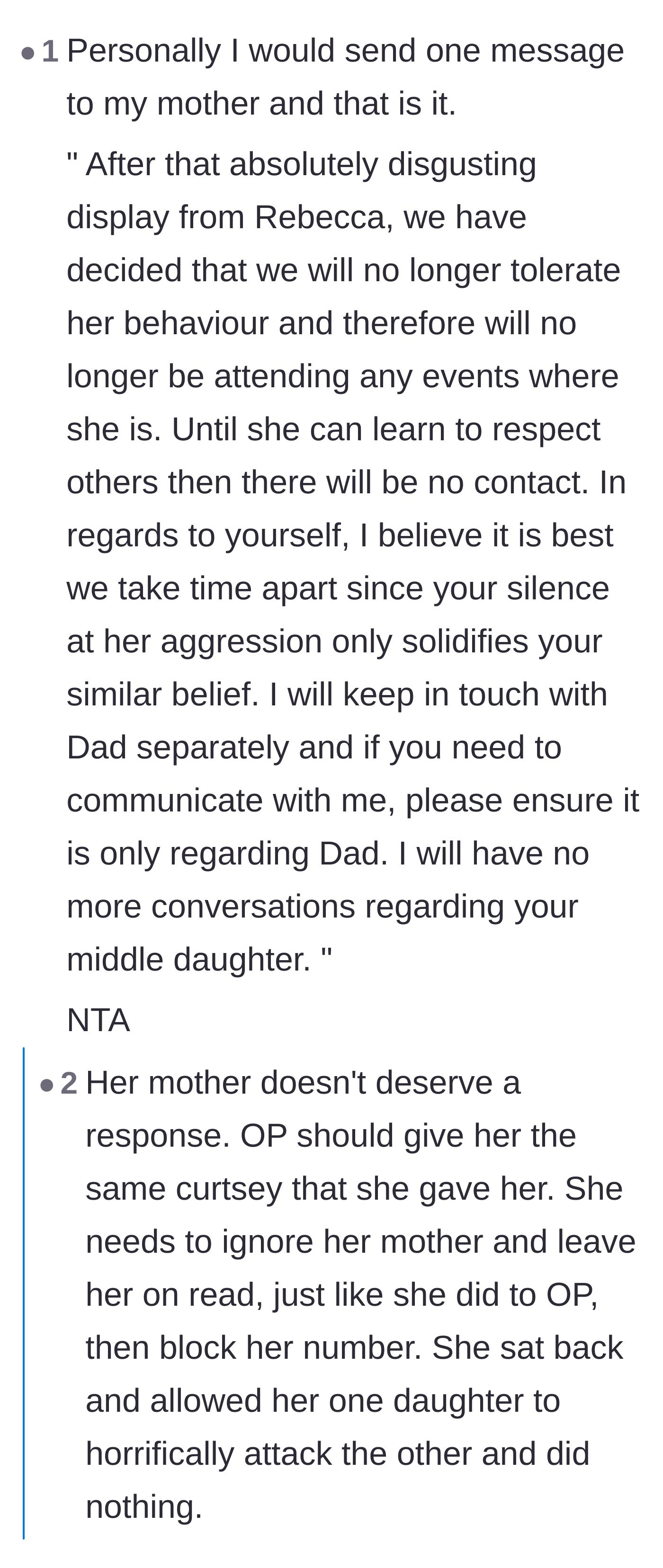 Comment thread 2 - A debate on whether to send a final boundary text to the mother or just cut her off completely.