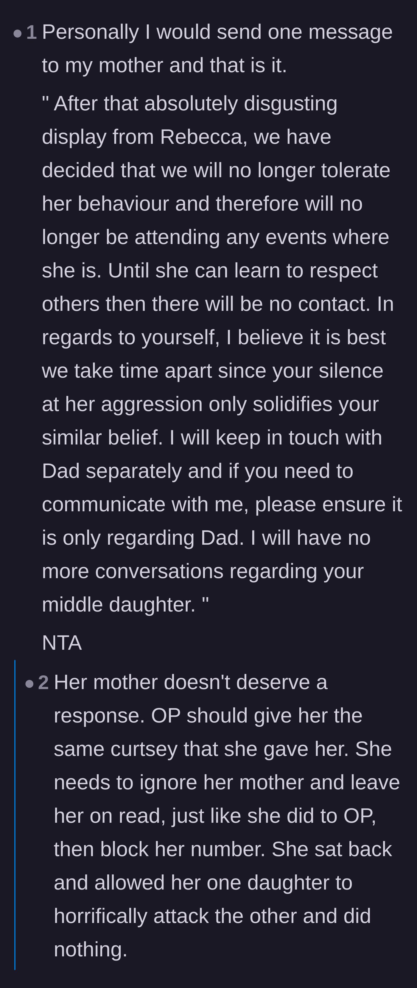 Comment thread 2 - A debate on whether to send a final boundary text to the mother or just cut her off completely.