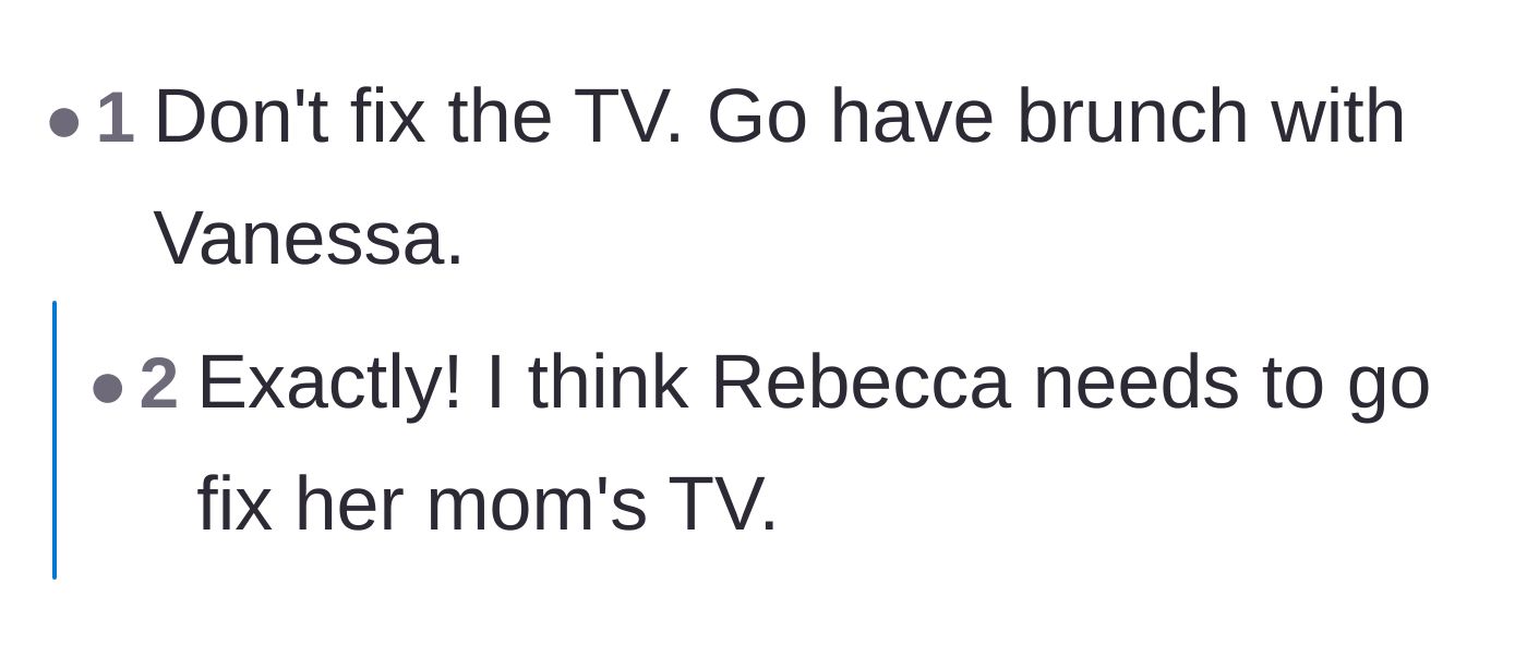 Comment thread 4 - Readers telling the author not to fix her mom's TV and to go to brunch with the older sister instead.