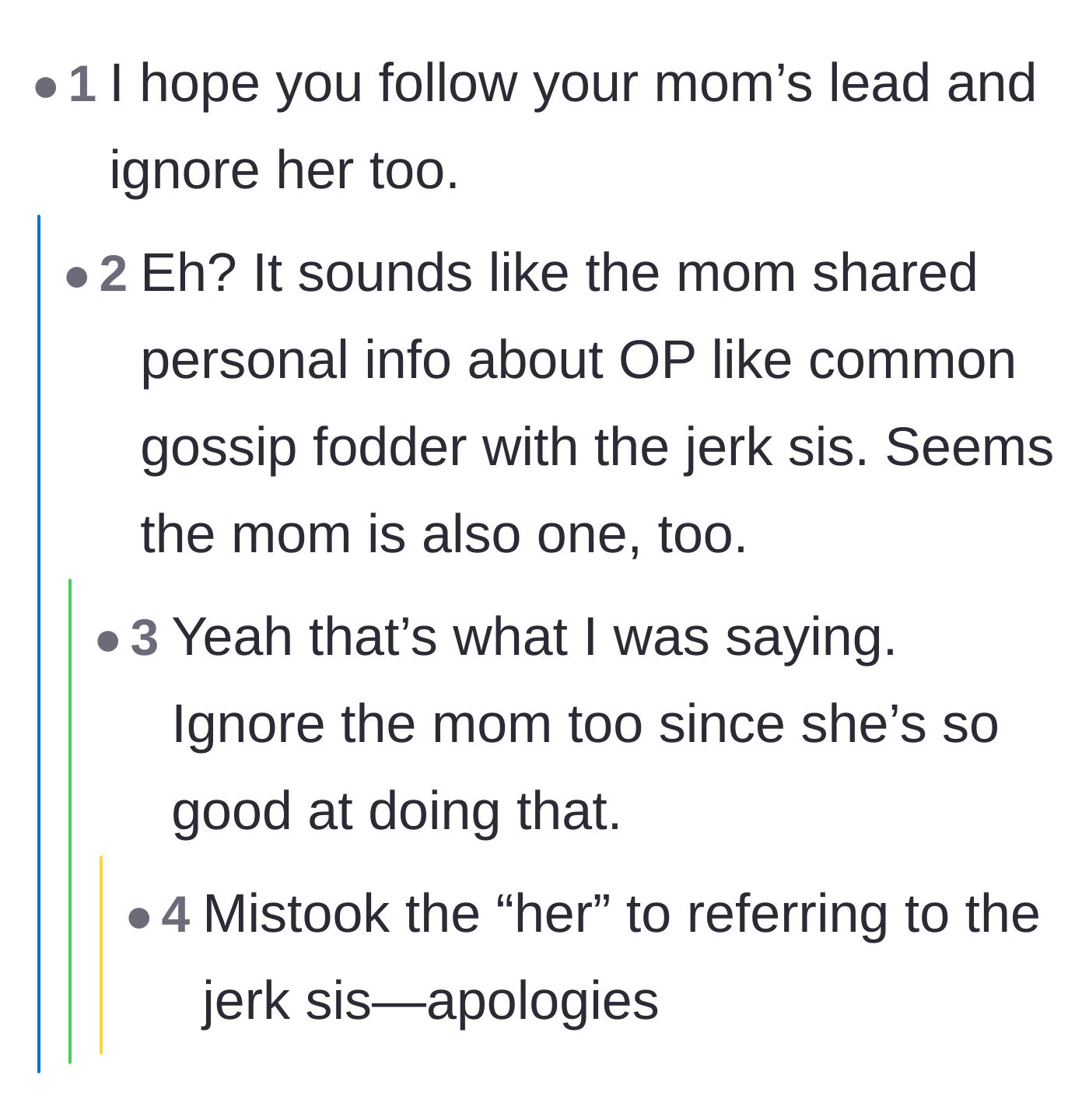 Comment thread 5 - Discussion about giving the mother a taste of her own medicine by ignoring her completely.