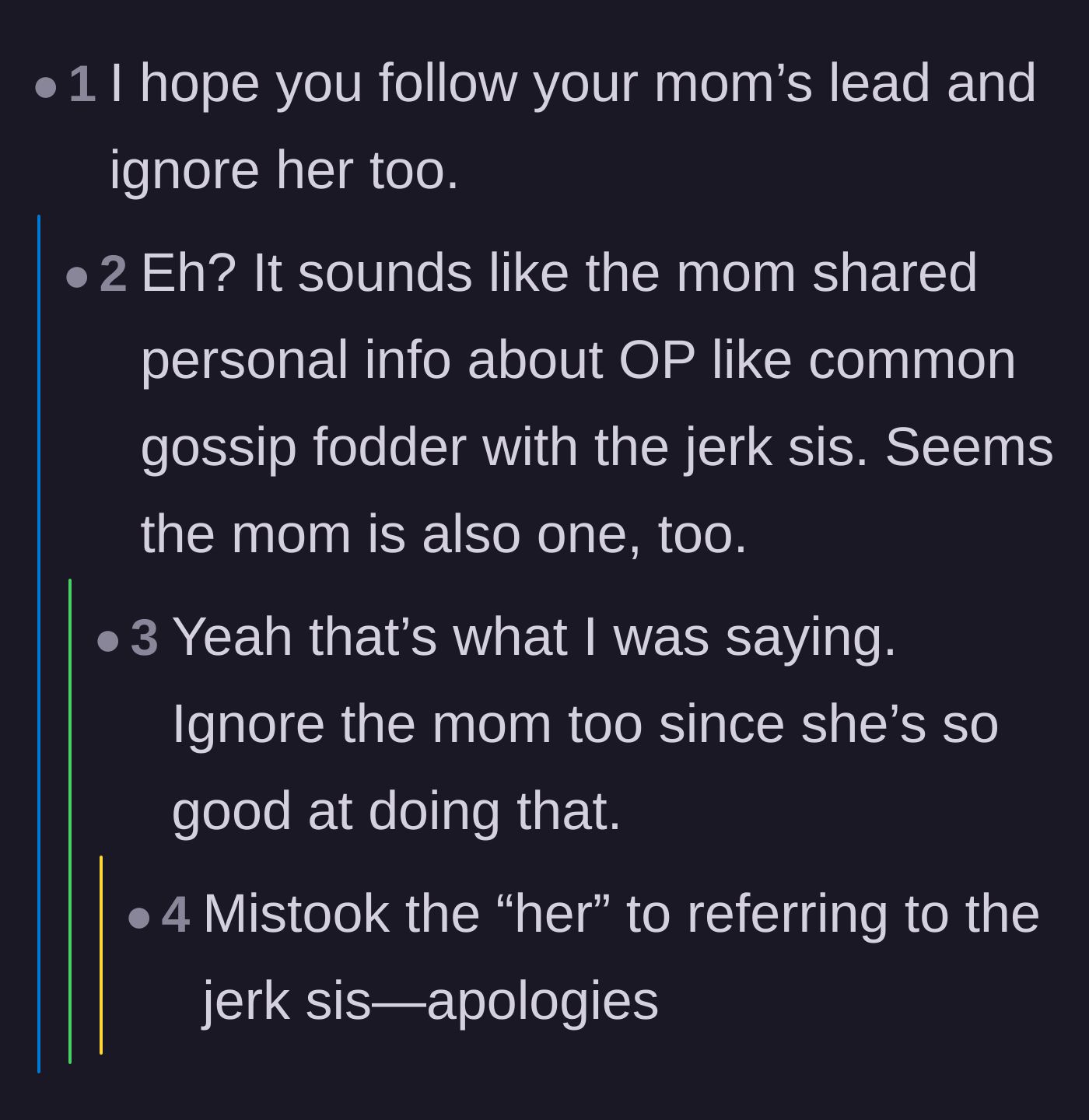 Comment thread 5 - Discussion about giving the mother a taste of her own medicine by ignoring her completely.