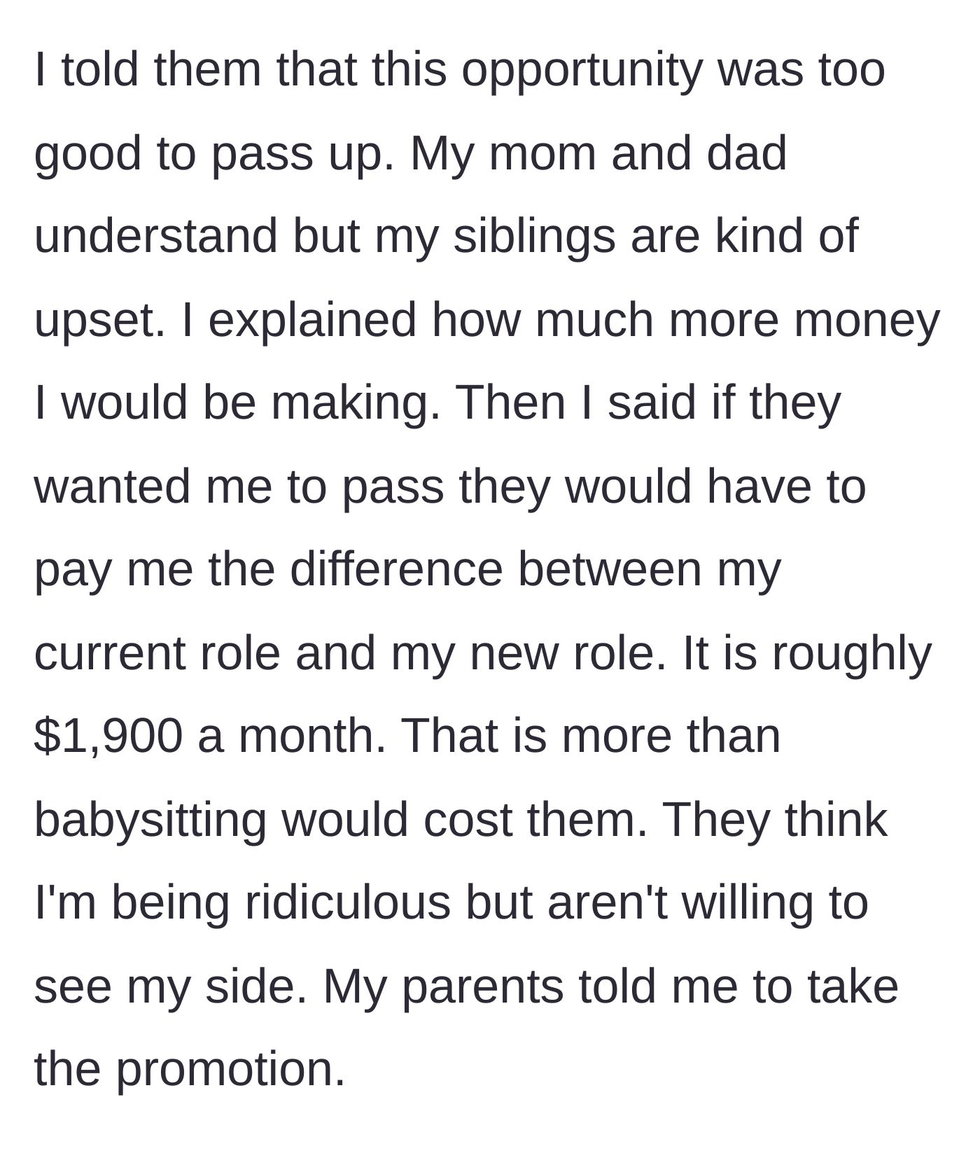 Story part 3 - The main character delivering the financial ultimatum of $1,900 a month to their siblings, backed by supportive parents.