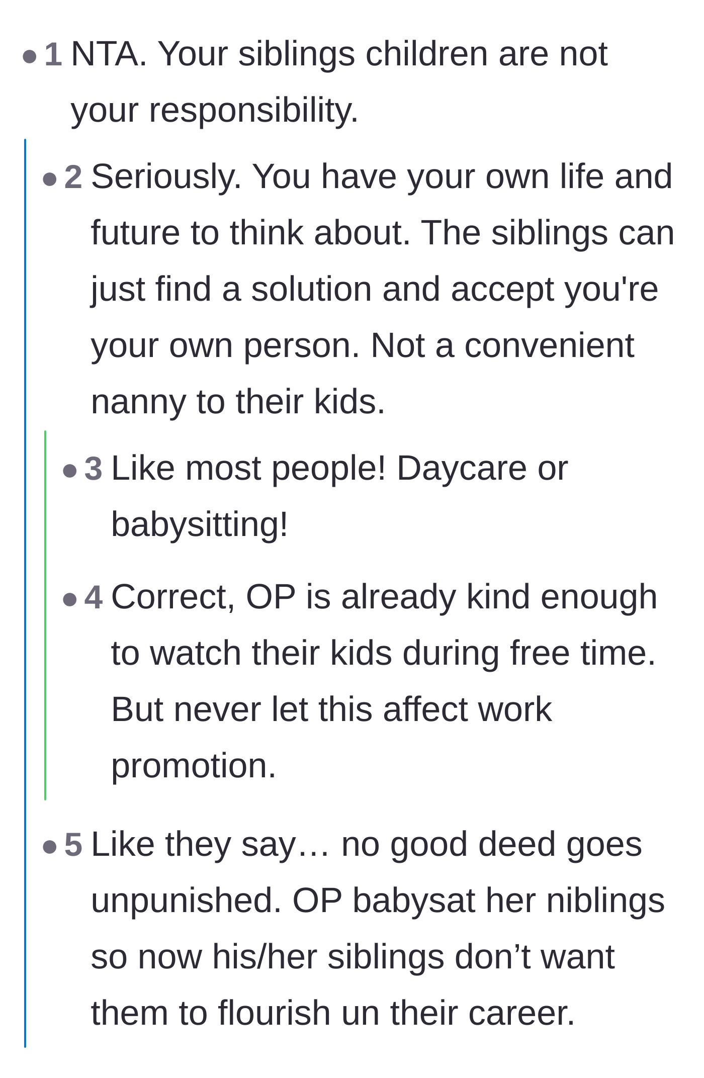 Comment thread 1 - Readers debating the 'village' mentality and the danger of treating a sibling like a convenient nanny.