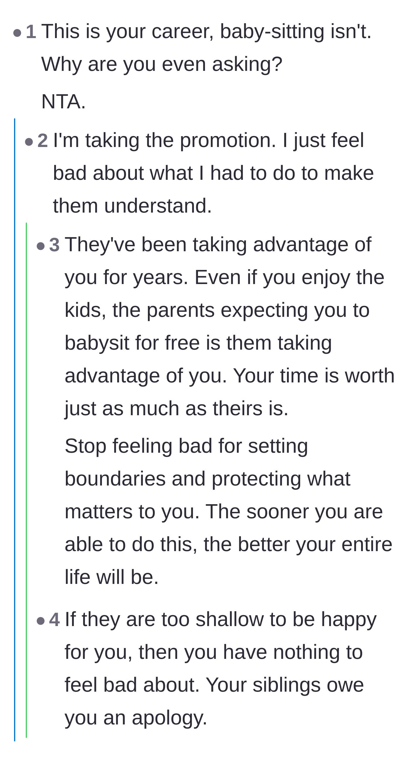 Comment thread 3 - Support for the main character's boundaries and a reminder not to feel guilty for prioritizing their career.