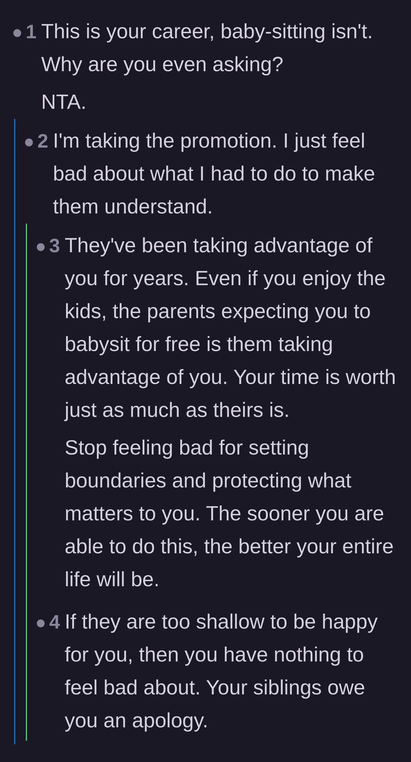 Comment thread 3 - Support for the main character's boundaries and a reminder not to feel guilty for prioritizing their career.