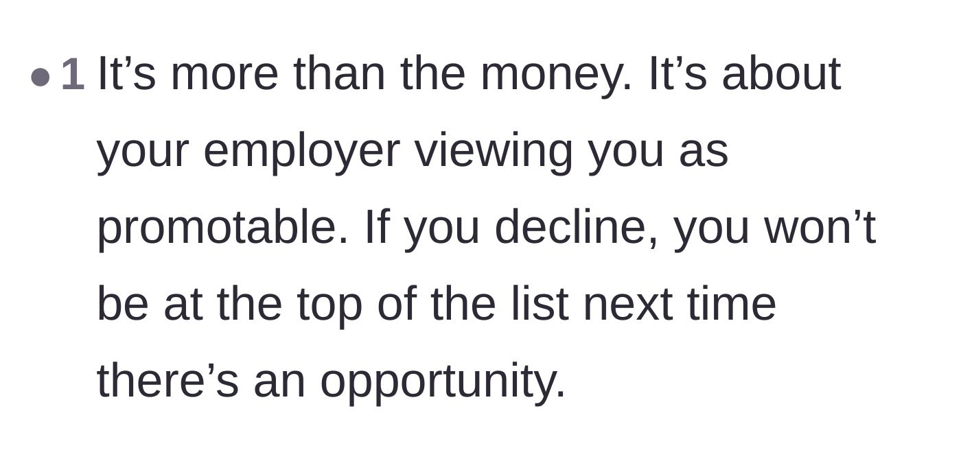 Comment thread 4 - An astute observation about the long-term career damage of declining a major corporate promotion.