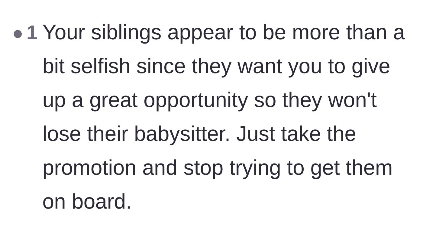 Comment thread 6 - Calling out the siblings' selfishness and advising the main character to stop seeking their approval.