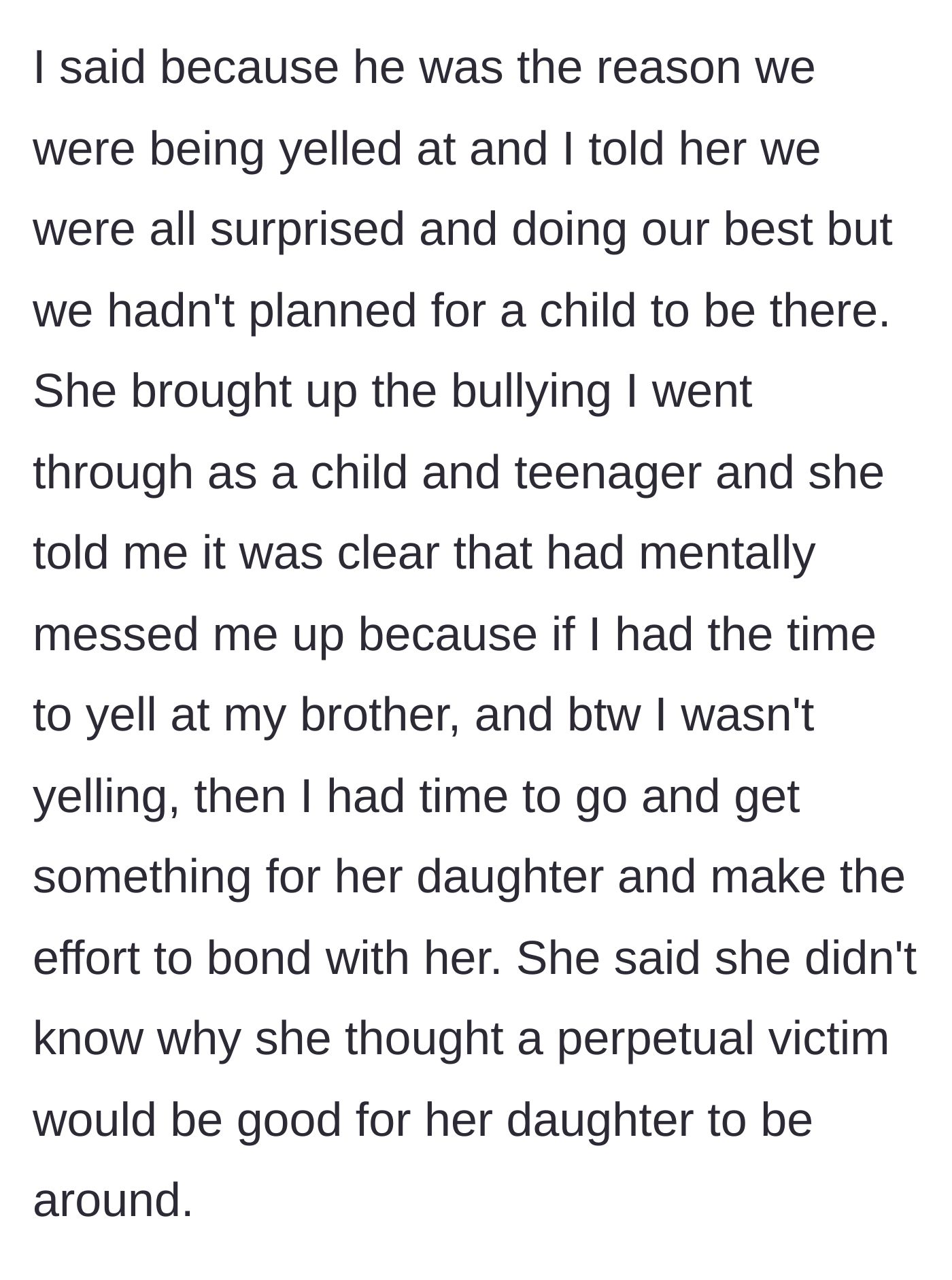 Story part 4 - Girlfriend aggressively attacks the main character's childhood trauma to deflect from the brother's mistake.