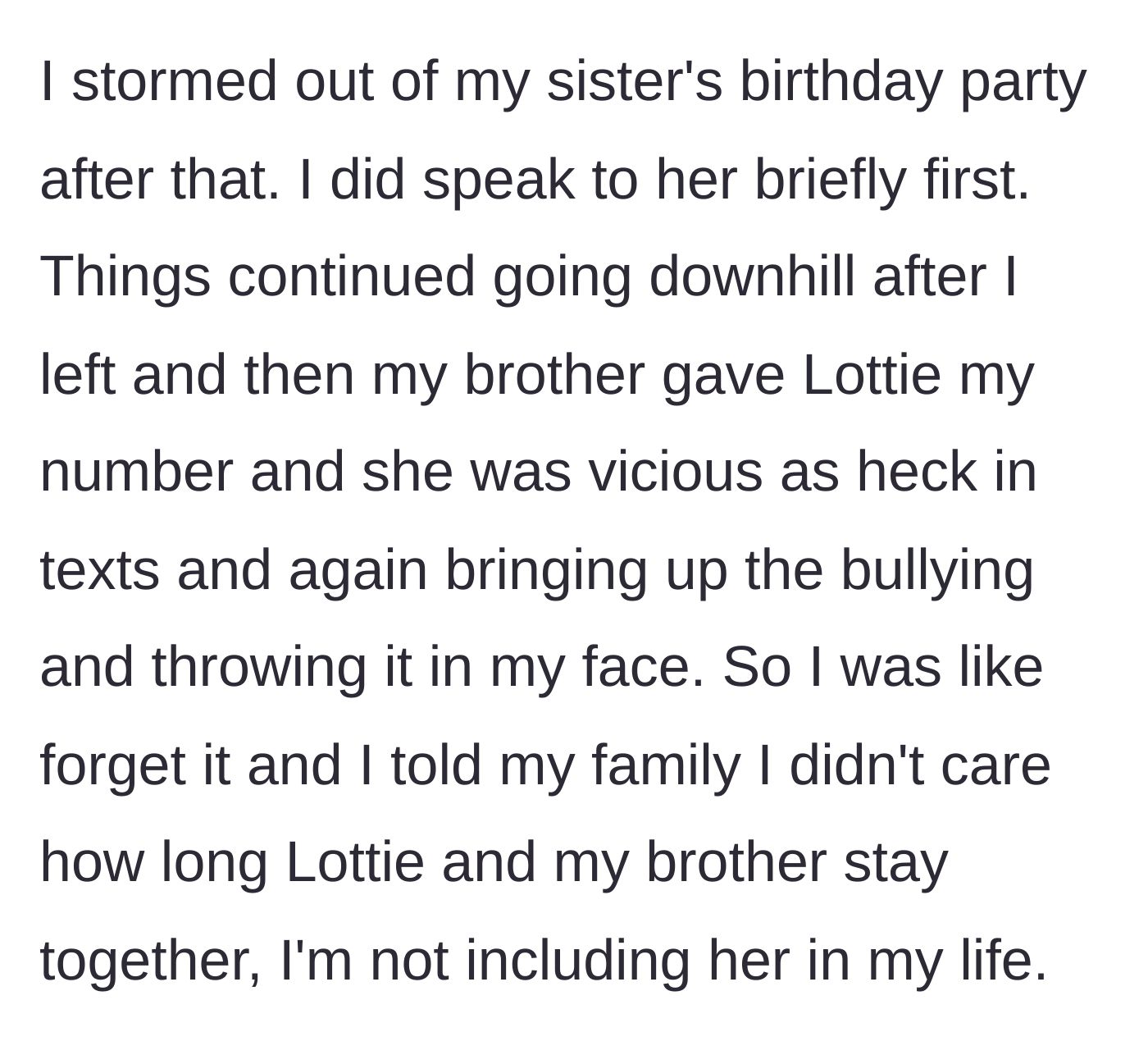 Story part 5 - Main character storms out, receives vicious texts, and formally bans the girlfriend from her life.