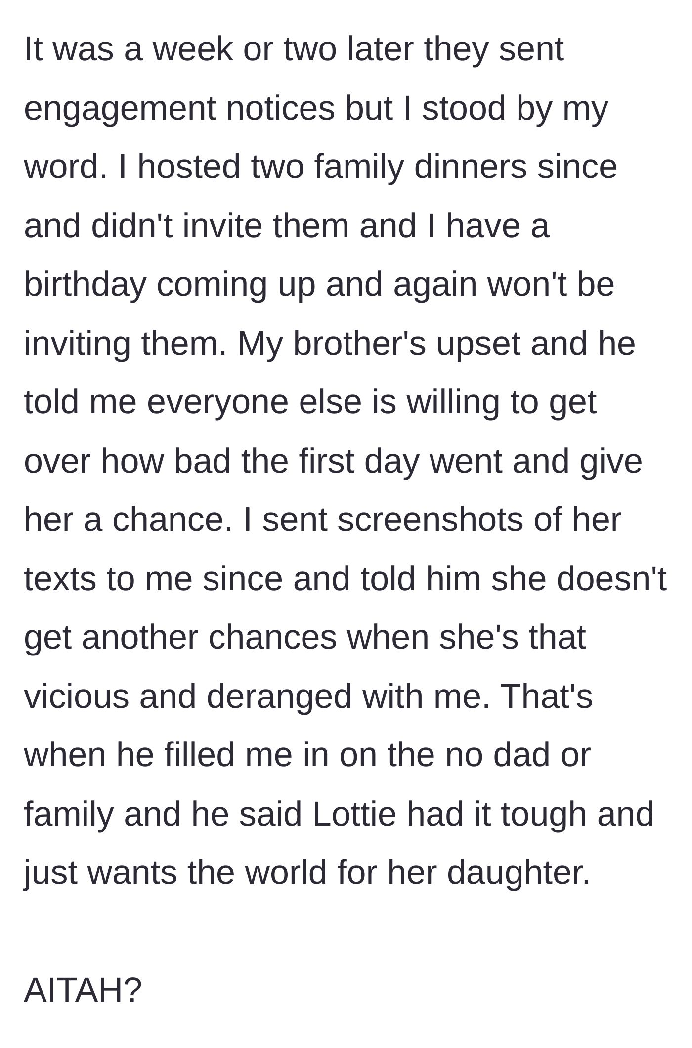Story part 6 - Main character excludes them from hosted dinners despite their engagement, refusing to accept the brother's excuses.