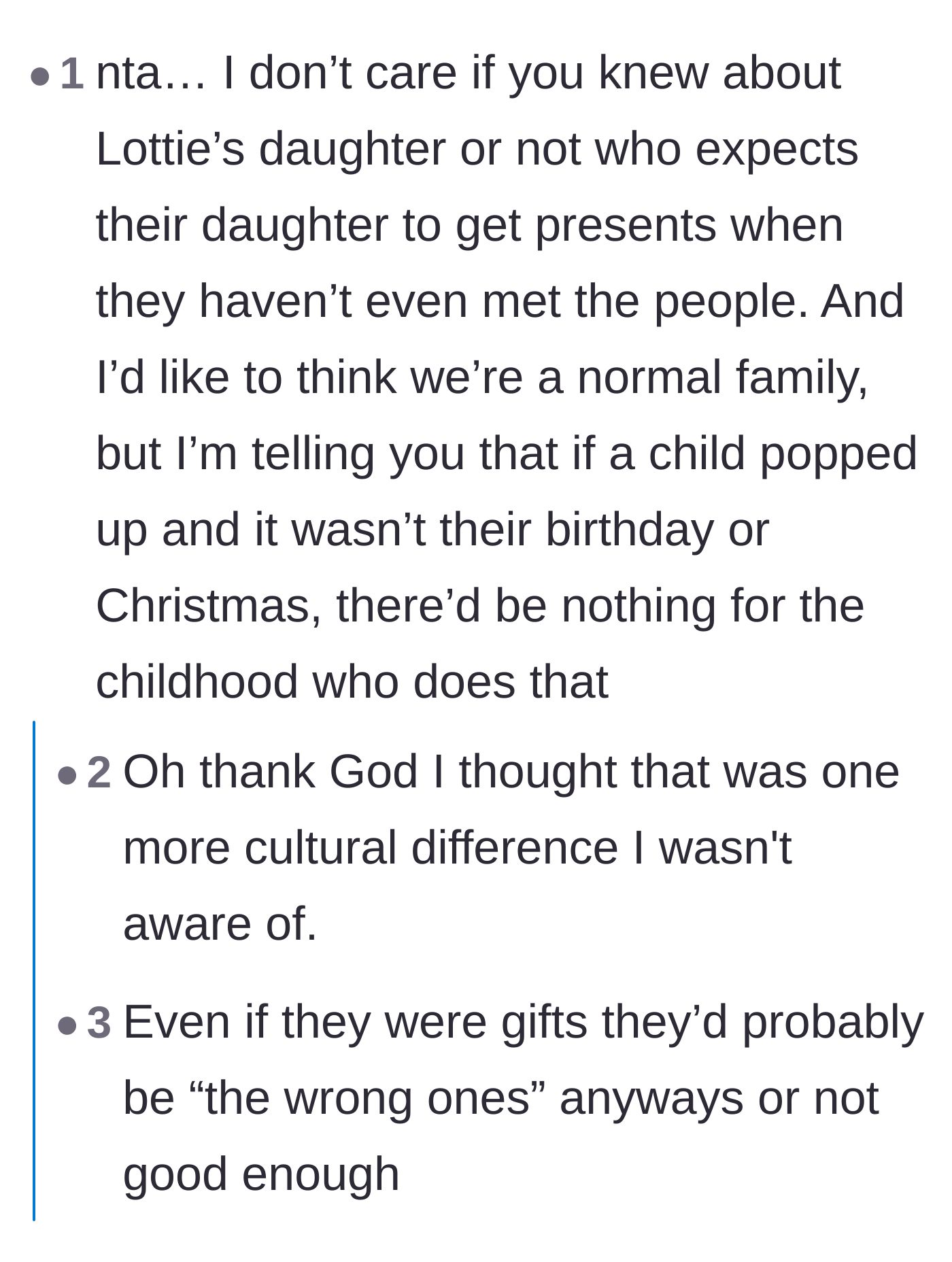 Comment thread 2 - Commenters validate the host's shock over the bizarre demand for unprovoked presents for a stranger's child.