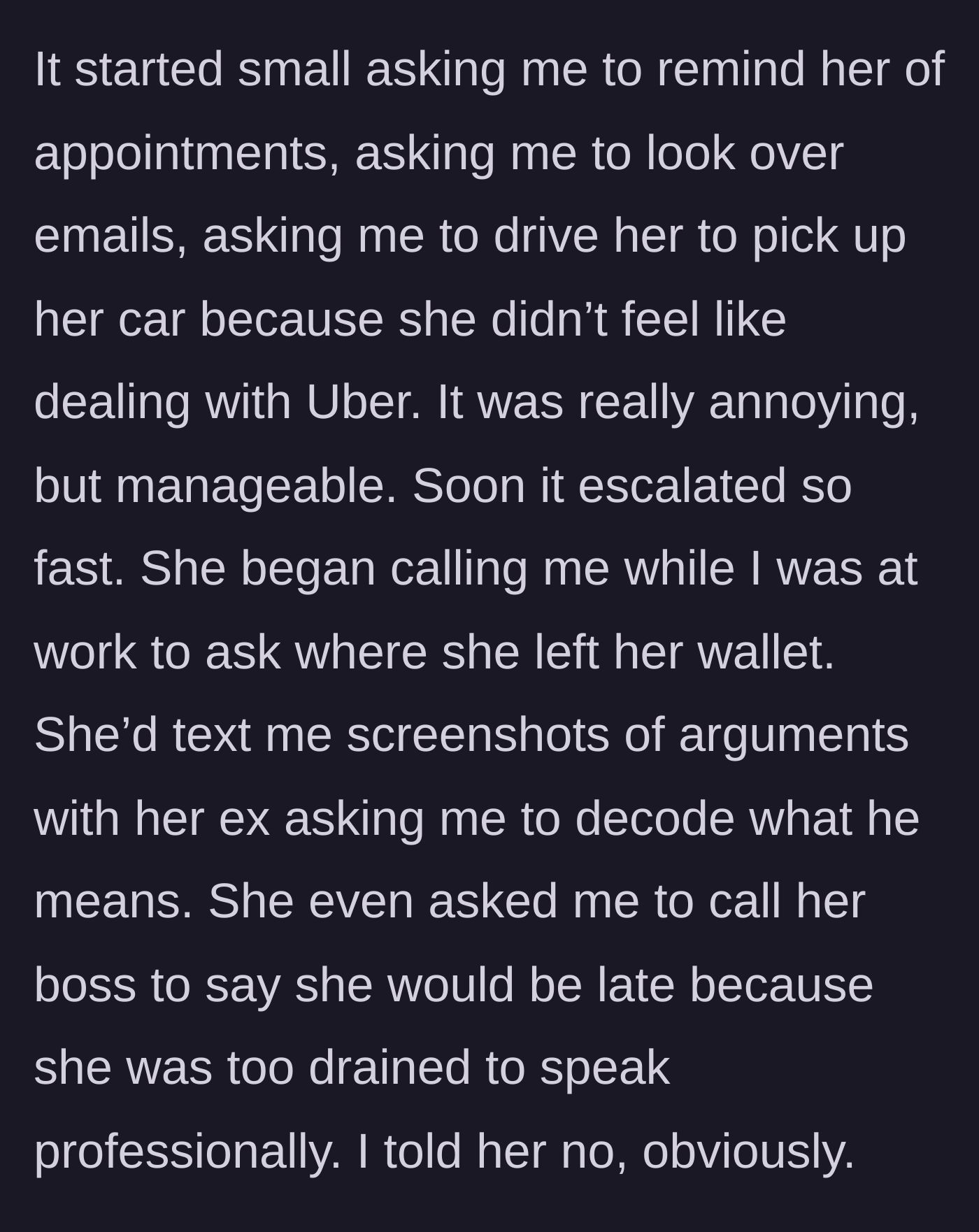 Story part 2 - The younger sister's demands escalate from simple reminders to asking her older sibling to call her boss to excuse her lateness.