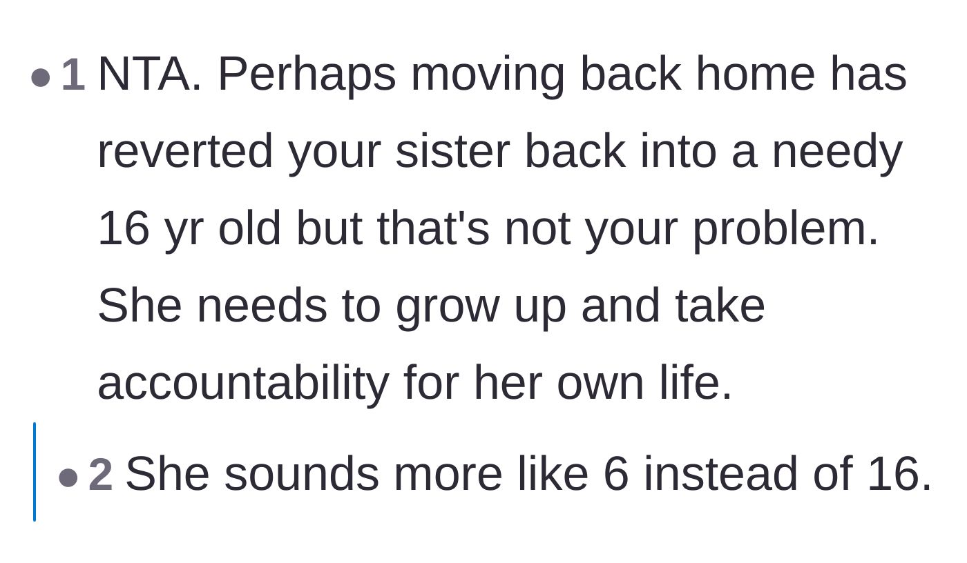 Comment thread 3 - A discussion about how the younger sister's post-breakup behavior resembles a young child rather than a young adult.