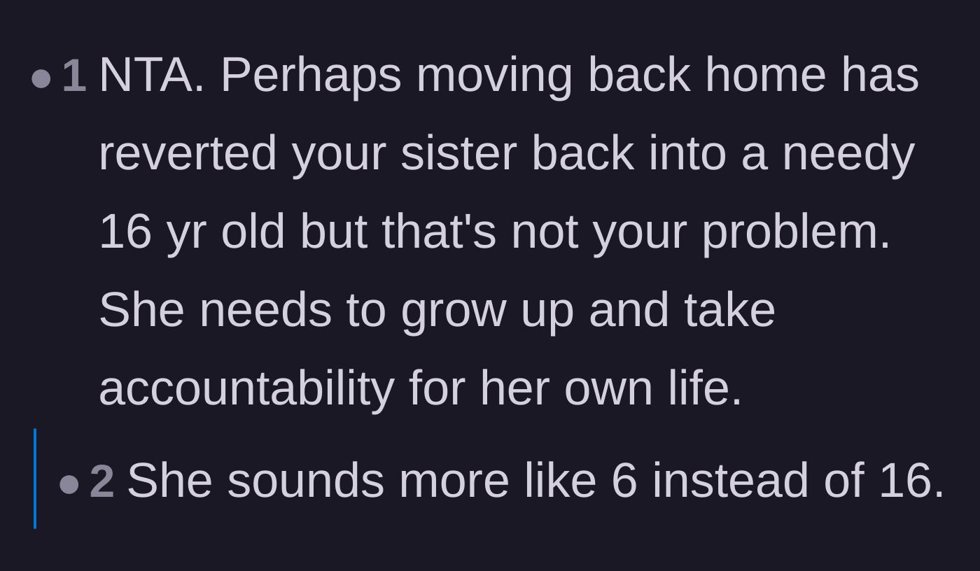 Comment thread 3 - A discussion about how the younger sister's post-breakup behavior resembles a young child rather than a young adult.