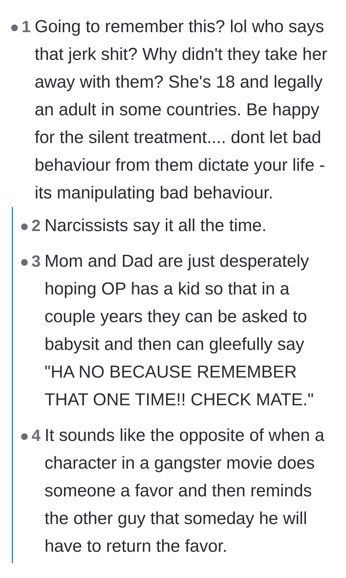 Comment thread 4 - Readers calling out the mother's mob-boss style threat to hold a grudge over a perfectly normal boundary