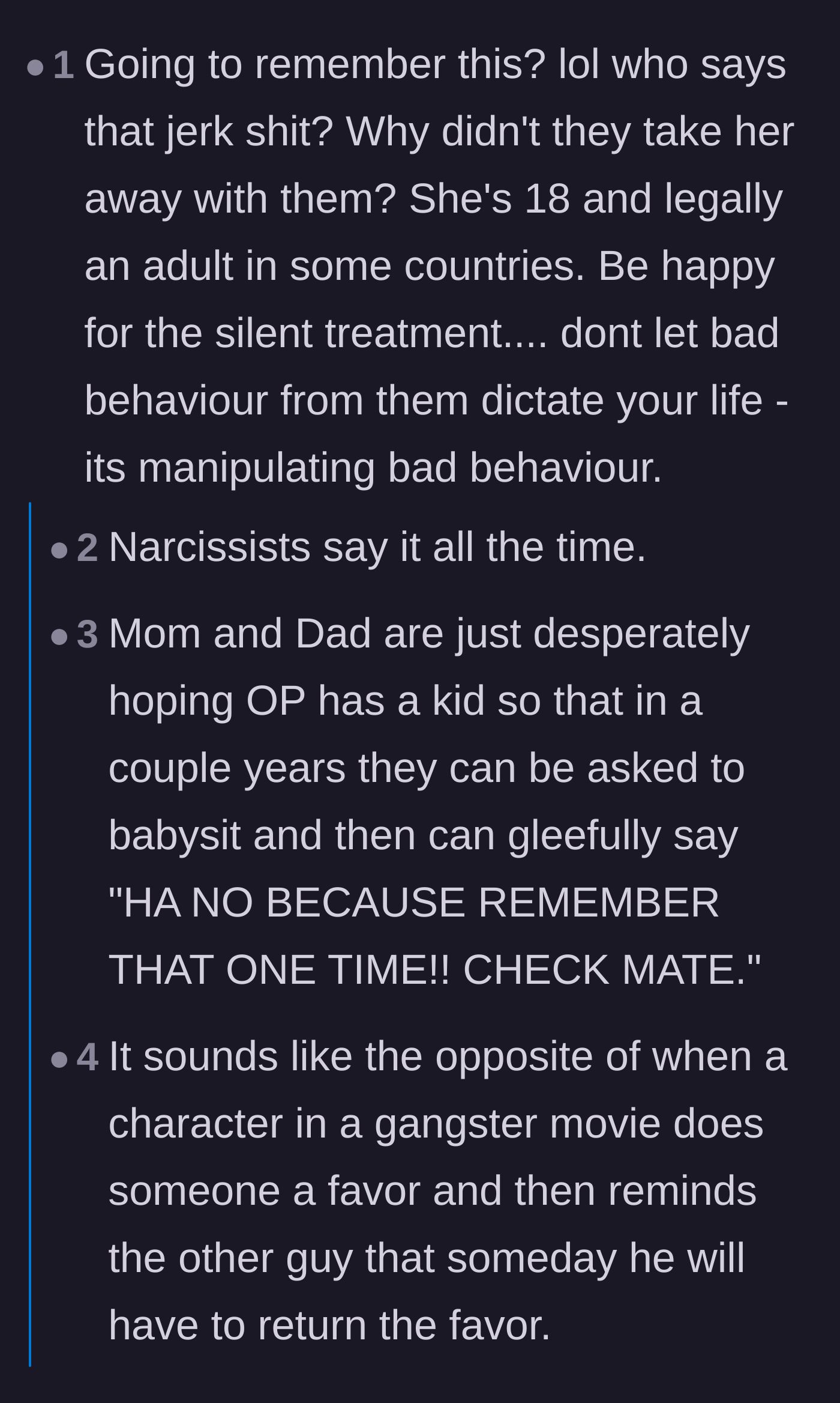 Comment thread 4 - Readers calling out the mother's mob-boss style threat to hold a grudge over a perfectly normal boundary