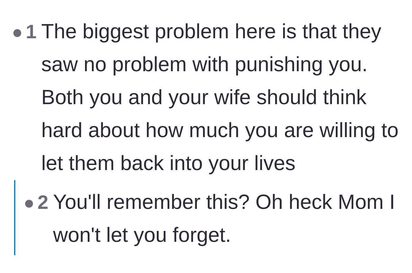 Comment thread 6 - Advice urging the couple to seriously reevaluate their relationship with parents who comfortably use punishment as a tool