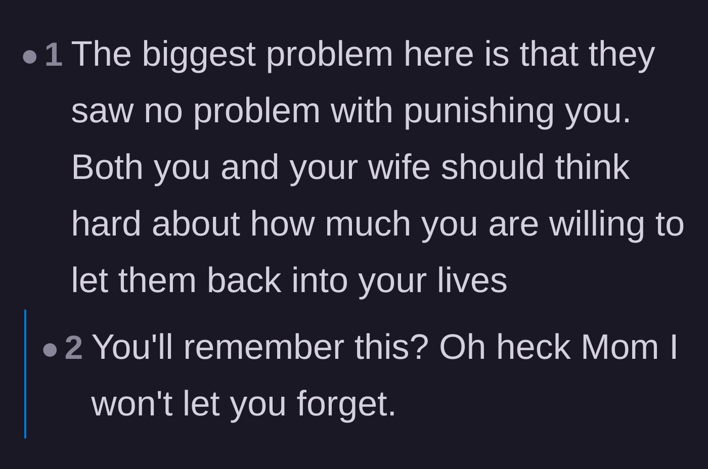 Comment thread 6 - Advice urging the couple to seriously reevaluate their relationship with parents who comfortably use punishment as a tool
