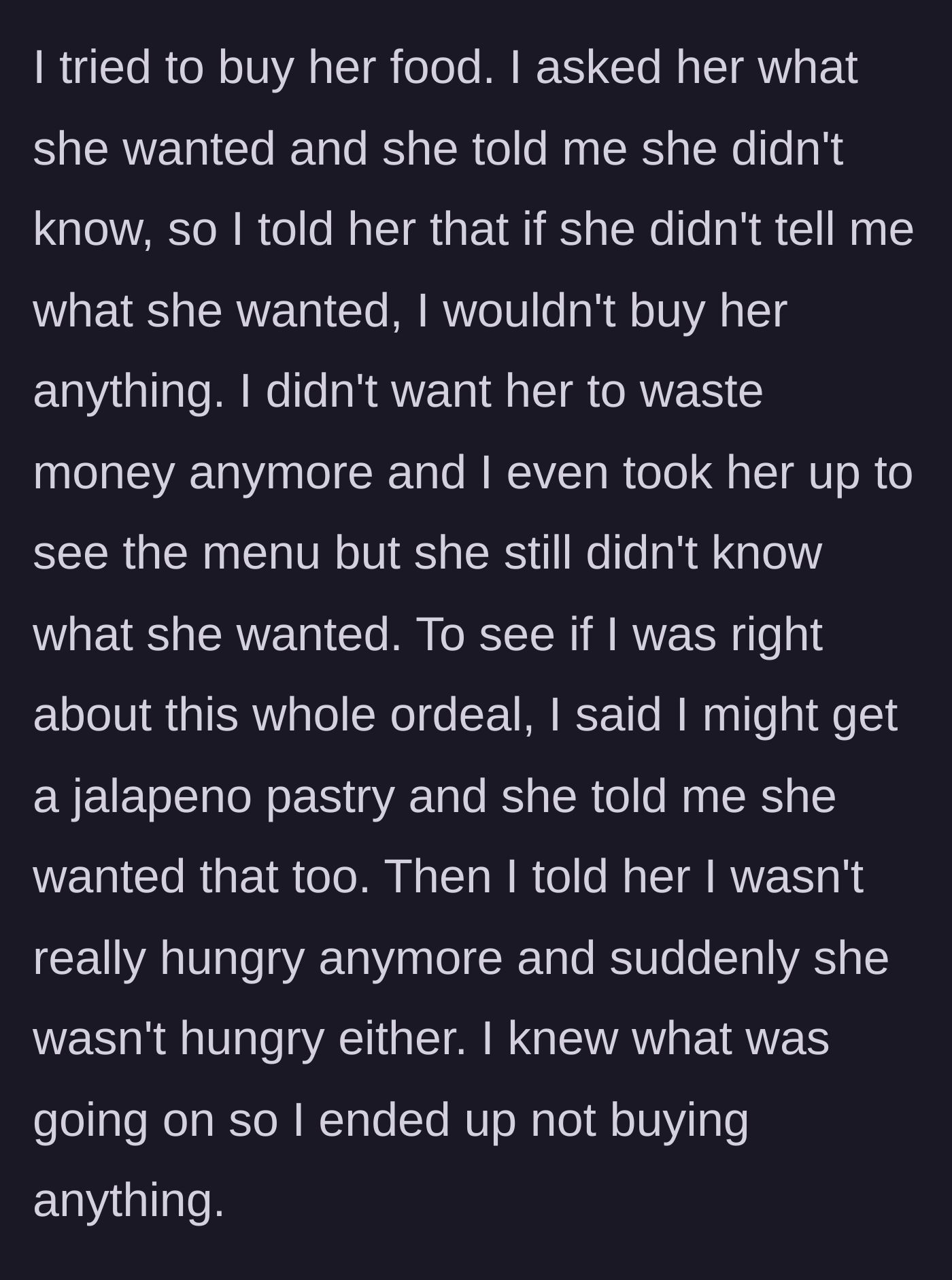 Story part 3 - The older sibling tests the sister by pretending to want a spicy jalapeno pastry, which the sister blindly agrees to, proving she only wants to copy. The sibling then orders nothing.