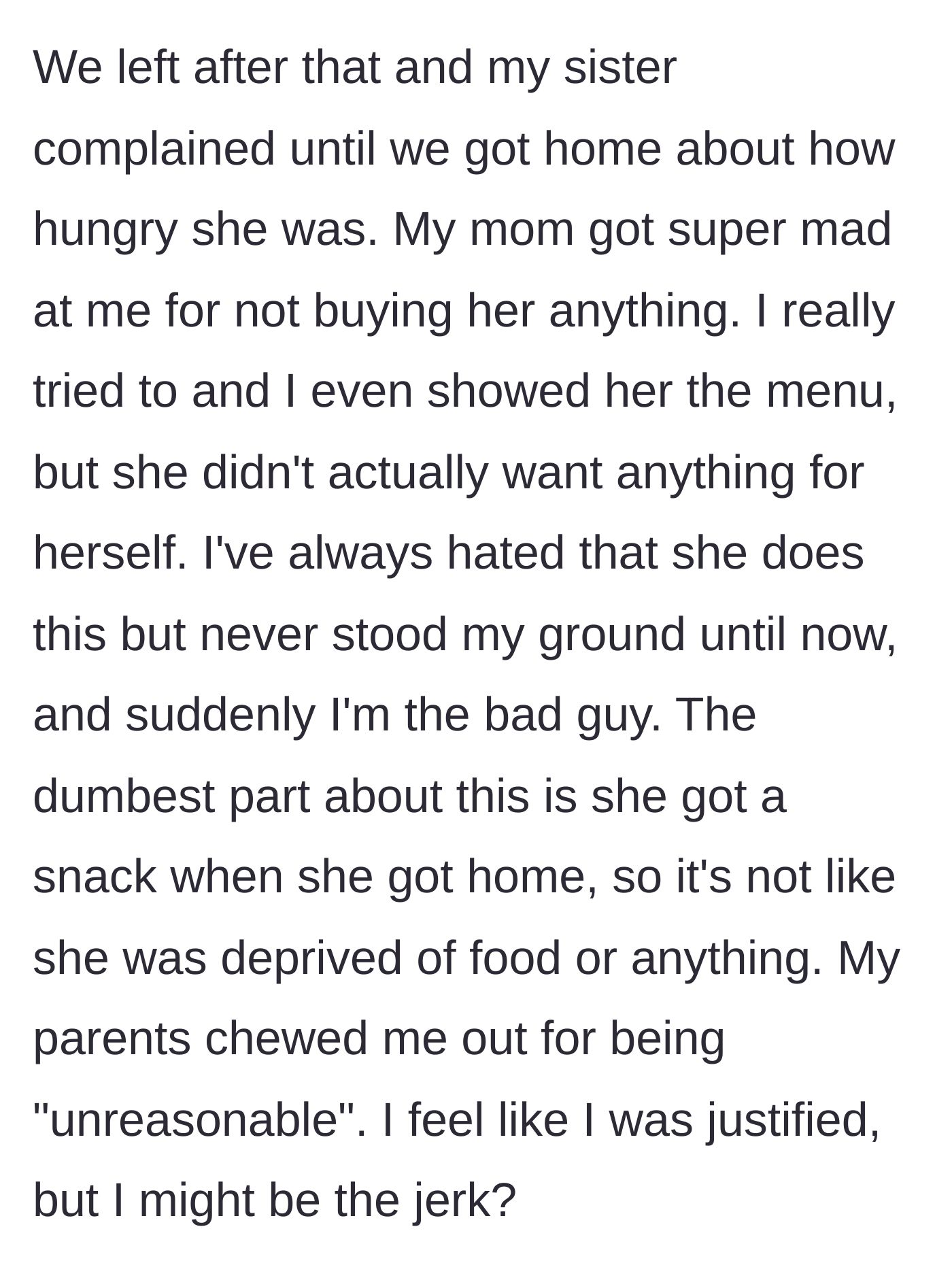 Story part 4 - The family goes home where the sister eats a snack anyway, but the parents still yell at the older sibling for being unreasonable and not buying the sister food.