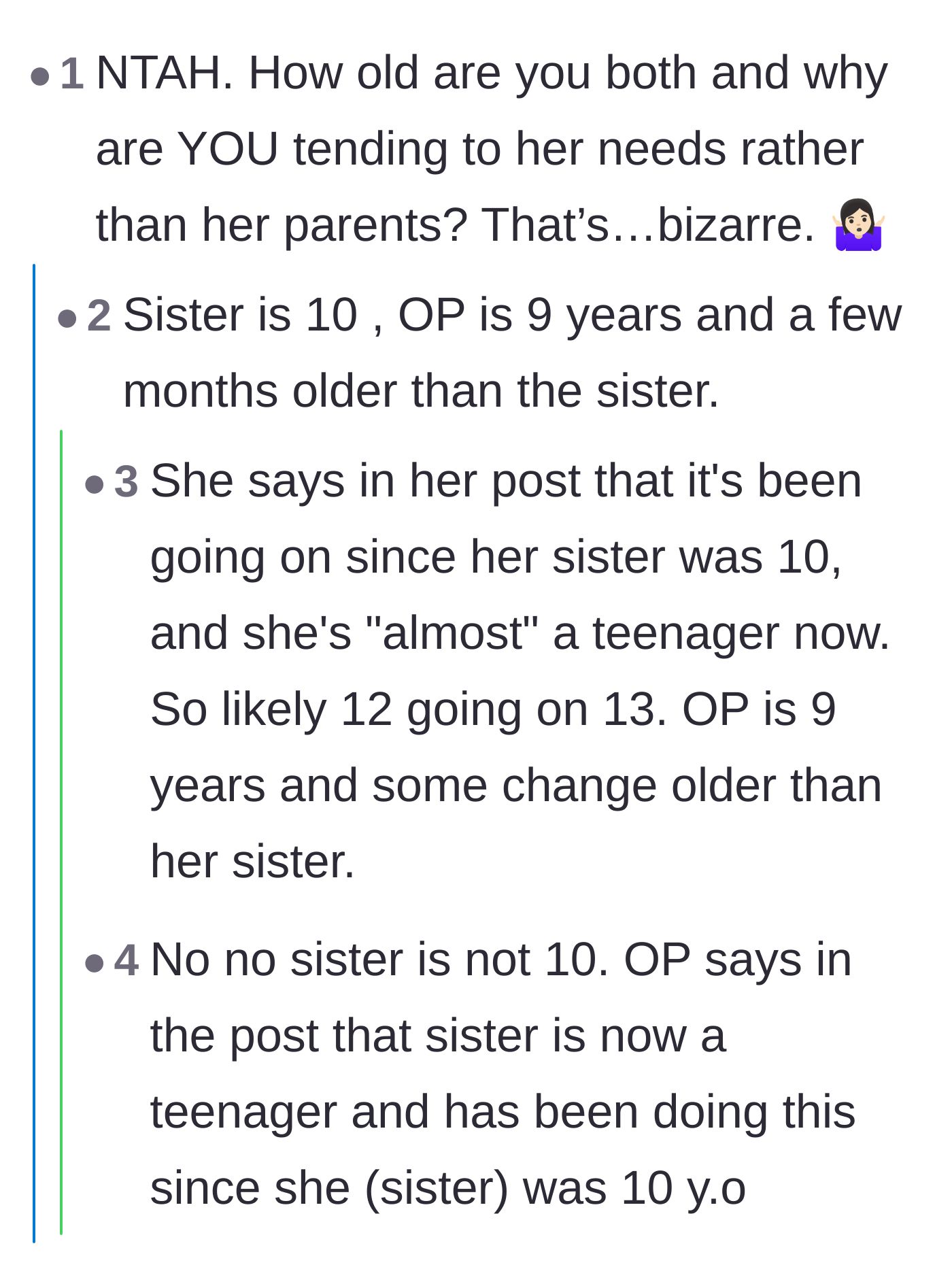 Comment thread 2 - Commenters clarify the ages of the siblings and question why the older sibling is forced into a parental role.