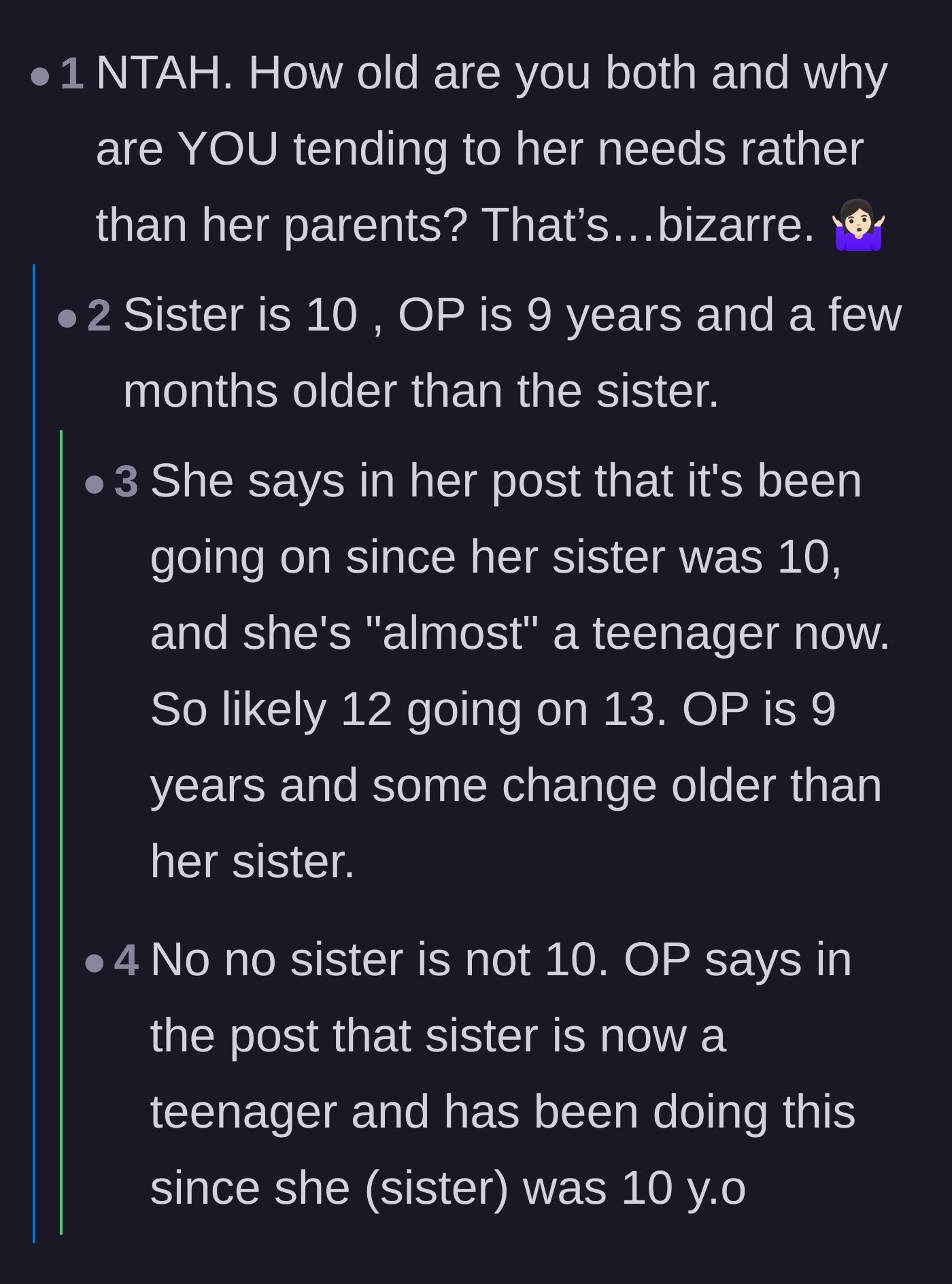 Comment thread 2 - Commenters clarify the ages of the siblings and question why the older sibling is forced into a parental role.
