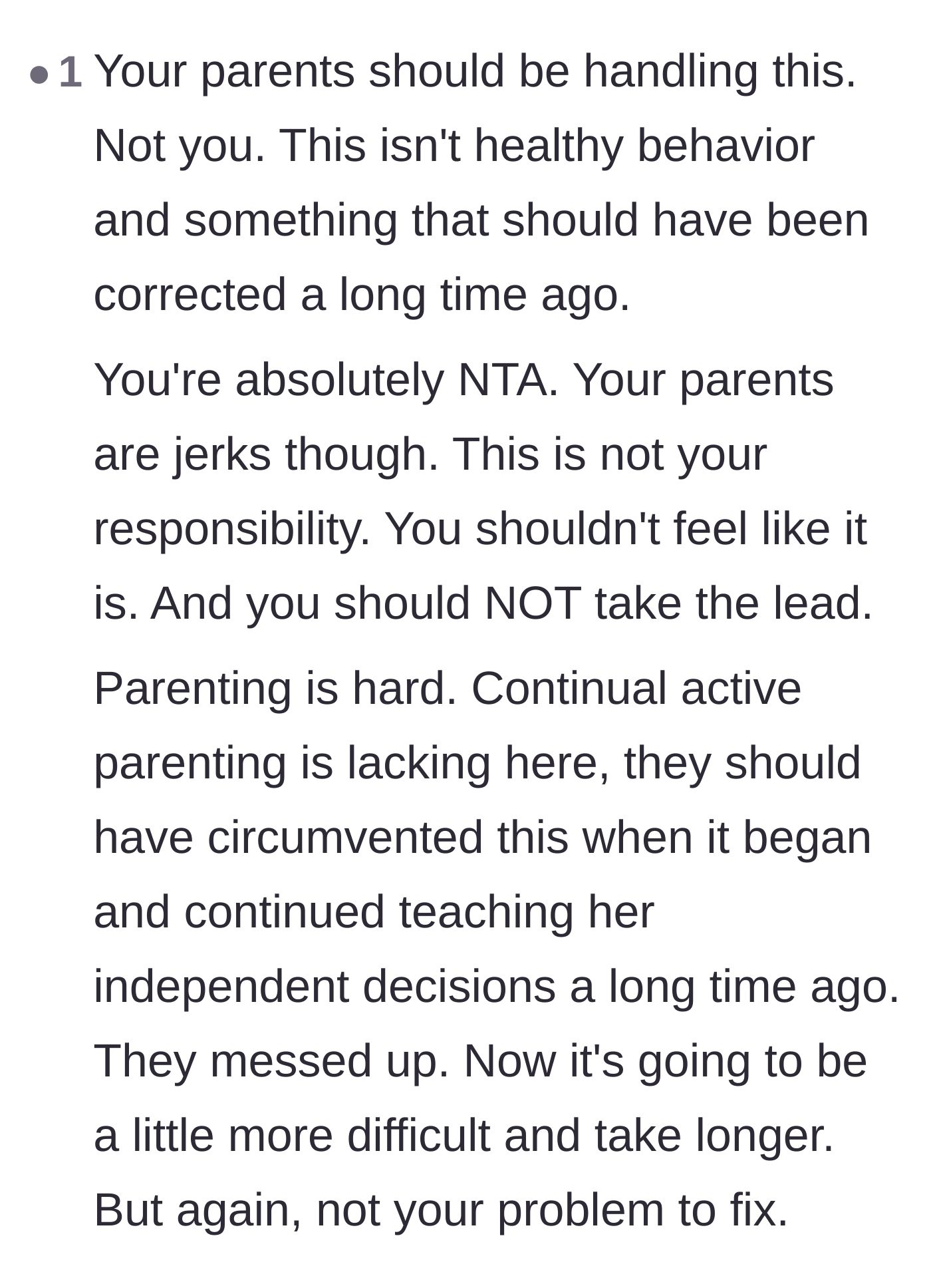 Comment thread 5 - A long comment emphasizing that active parenting is lacking and this is not the older sibling's problem to fix.