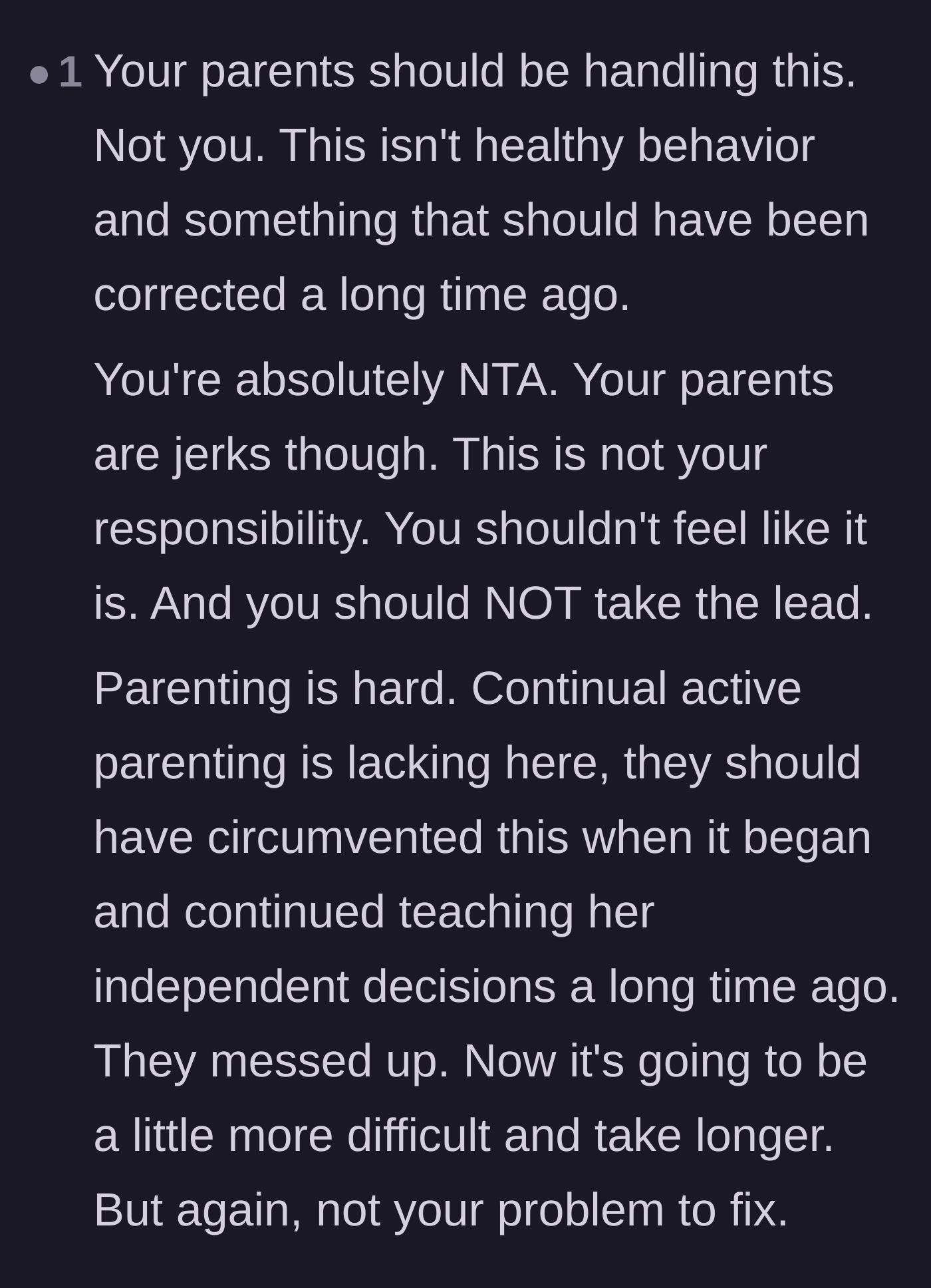 Comment thread 5 - A long comment emphasizing that active parenting is lacking and this is not the older sibling's problem to fix.