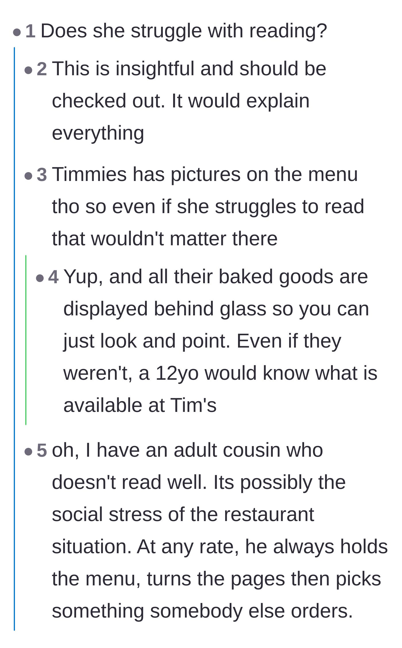 Comment thread 6 - A debate over whether the younger sister might have a reading disability, though others point out the café has a visual display case.