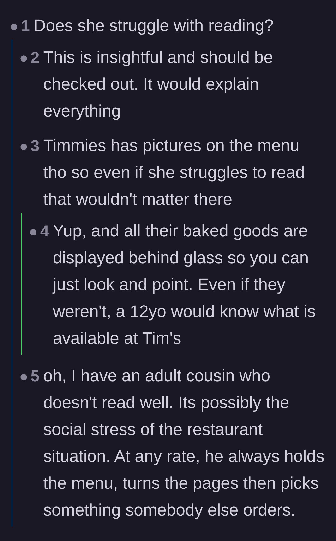 Comment thread 6 - A debate over whether the younger sister might have a reading disability, though others point out the café has a visual display case.